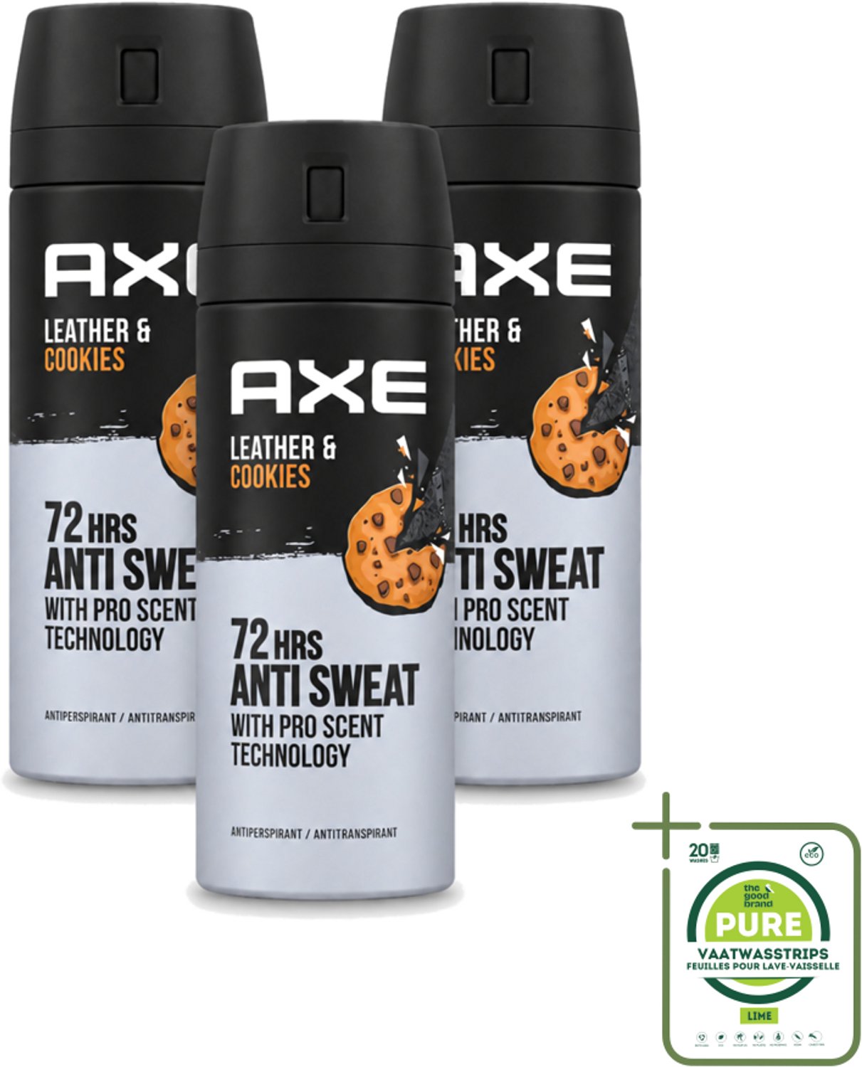 3 x Axe - Deodorant Spray - 72hrs Anti Sweat - Leather & Cookies - 150 ml - Grootverpakking - Vaatwasstrips - 72 Uur Anti Zweet - Deodorant Spray - Zweetbestendig - Leer En Koekjes Geur - Langdurige Frisheid