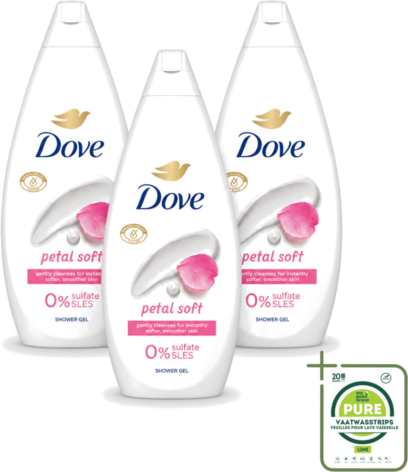 3 x Dove Petal Soft - Douchegel - Sulfaatvrij - 250 ml - Grootverpakking - Vaatwasstrips - Douchegele - Zachte Reiniging - Hydratatie - Bloemige Geur - Sulfaatvrije