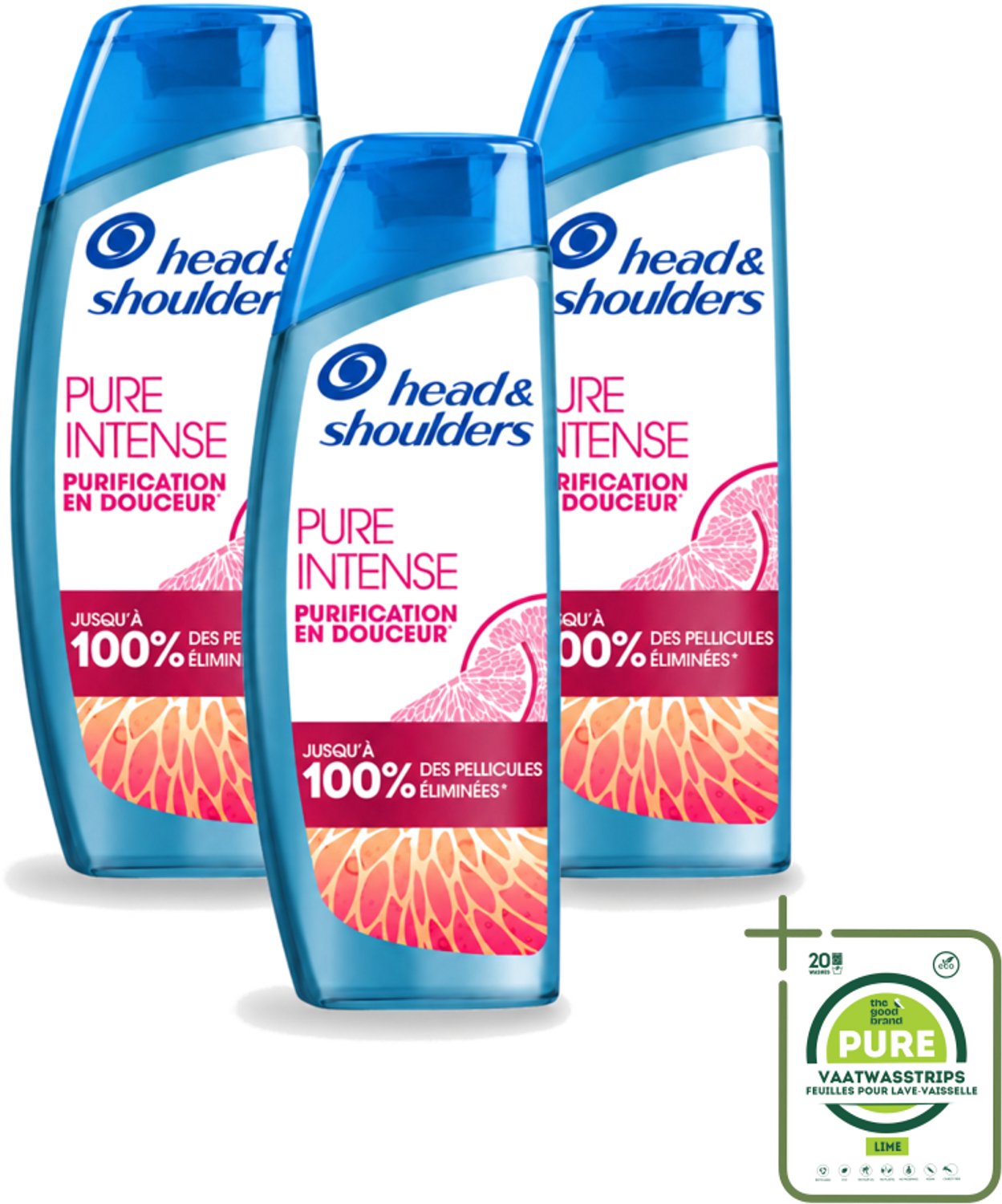 3 x Head & Shoulders - Anti-Roos Shampoo - Pure Intense - Grapefruit - 250 ml - Grootverpakking - Vaatwasstrips - Anti-roos Shampoo - Vet Hoofd - Schone Hoofdhuid - Roosvrij Haar - Grapefruit Geur