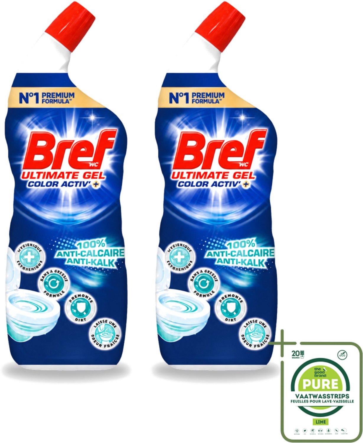 2 x Bref WC - Color Activ+ - Toiletreiniger - Gel - Anti-Kalk - Oceaan - 700 ml - Grootverpakking - Vaatwasstrips - Toilet Reinigen - Anti-kalk - Oceaanfrisse Geur - Toilet Reinigingsgel - Toilet Schoonmaken
