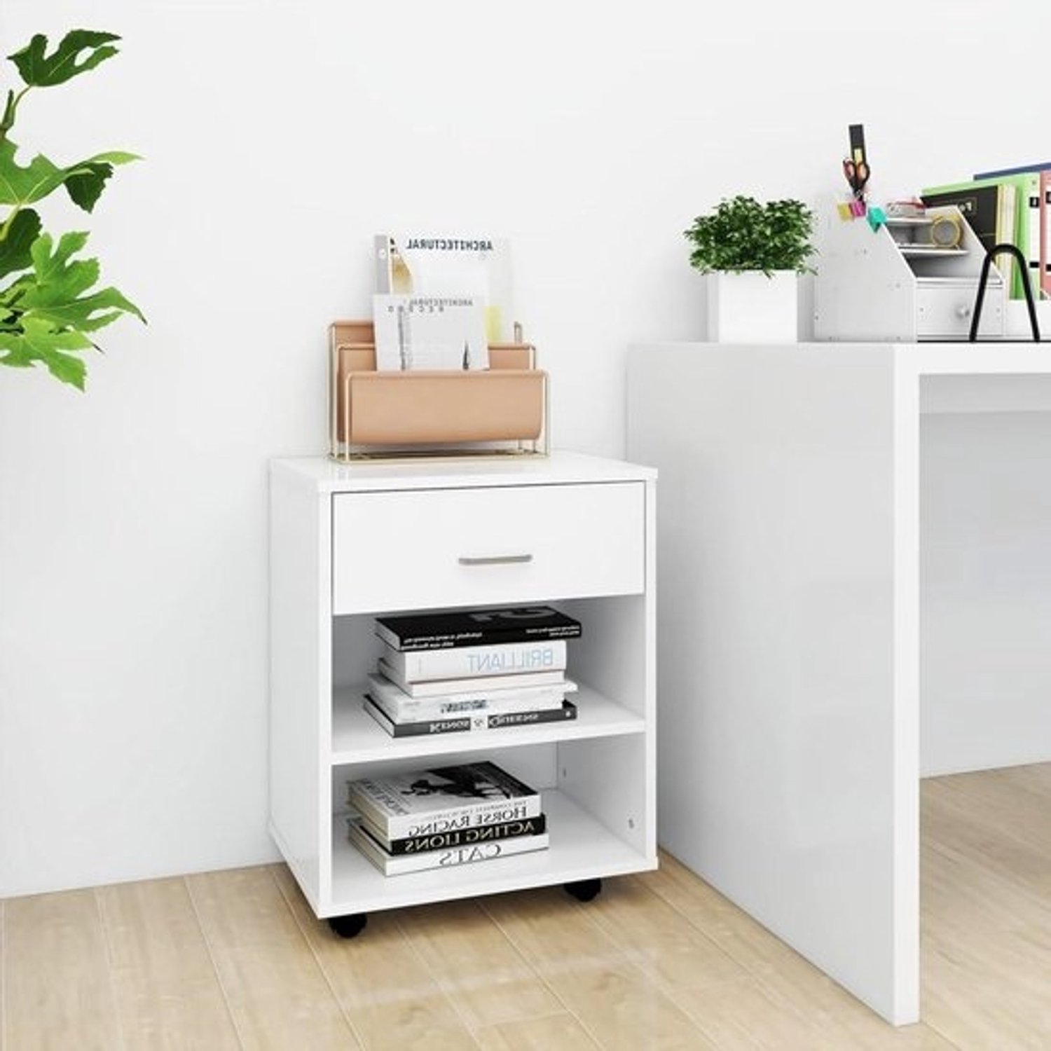 Mobiele Kast - Rolkast Bureau - Kantoor Organisatie - 2 Vergrendelbare Wielen - 46 x 36 x 59 cm - Wit