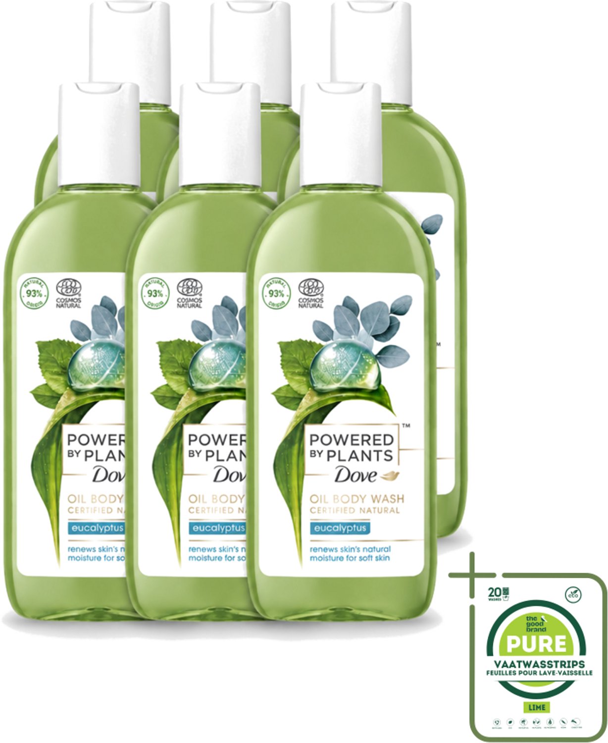 6 x Dove Powered by Plants - Oil Body Wash - Eucalyptus - 250 ml - Grootverpakking - Vaatwasstrips - Natuurlijke Verzorging - Eucalyptus - Olie - Lichaamsschoonmaak - Hydraterende Douche