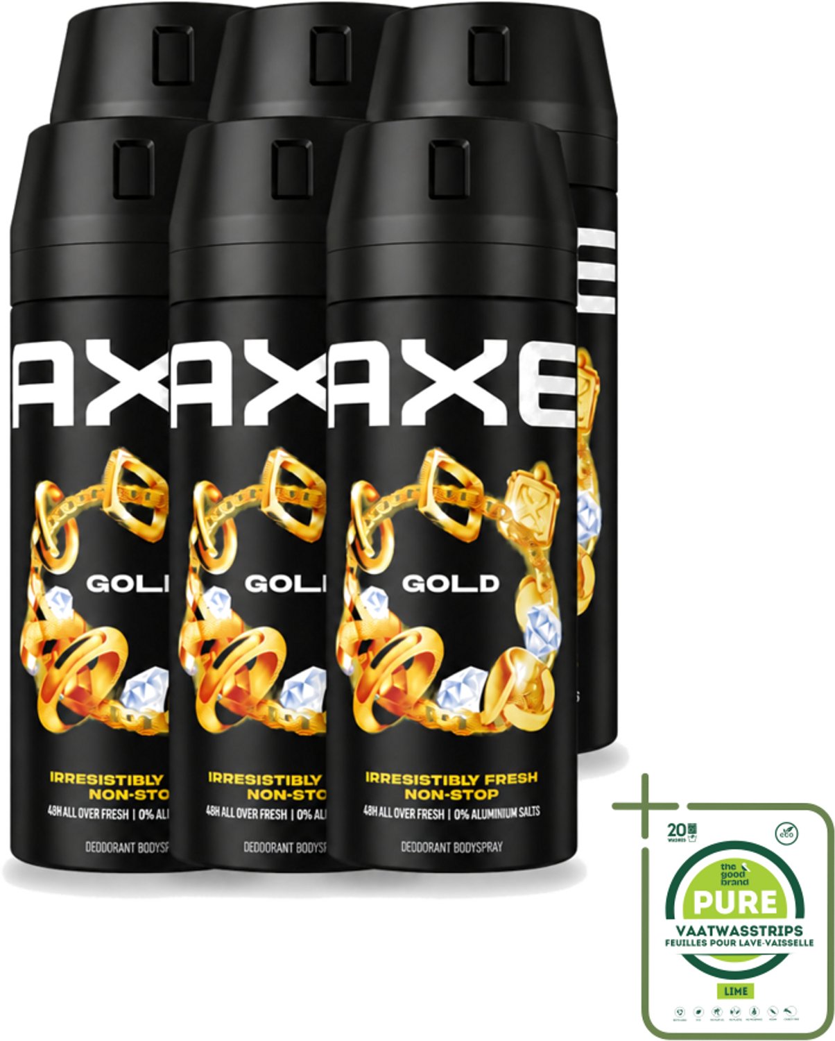 6 x Axe - Deodorant Bodyspray - 48hrs Fresh - Gold - Oud Wood & Fresh Vanilla - 150 ml - Grootverpakking - Vaatwasstrips - 48 Uur Geurbeleid - Deodorant Bodyspray - Oud Hout Geur - Donker Vanille - Geurbestrijdende Zinktechnologie