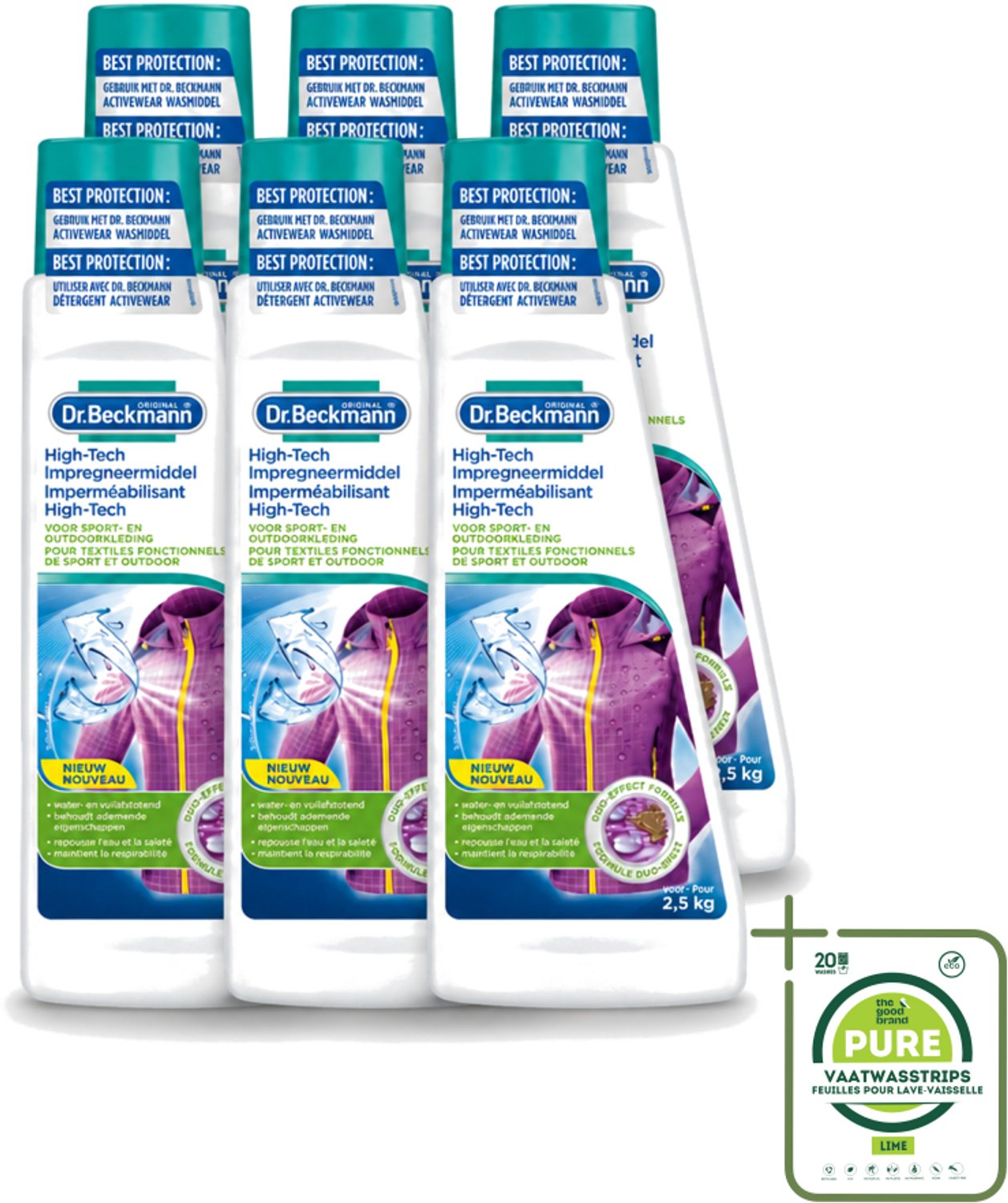 6 x Dr. Beckmann - High Tech Impregneermiddel - Sport- & Outdoorkleding - Witte en Gekleurde Was - 2.5 KG - Grootverpakking - Sportkleding Beschermen - Waterafstotend Middel - Vuilafstotend Middel - Impregneermiddel Sportkleding - Kleding Beschermen