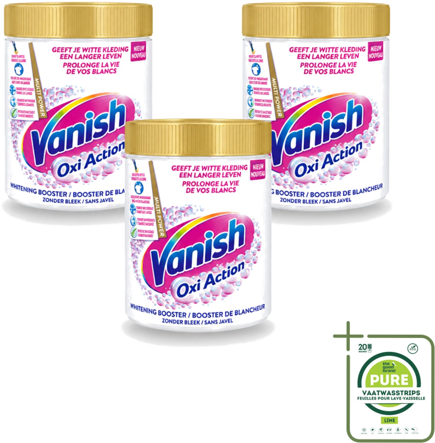 3 x Vanish Oxi Action - Vlekkenverwijderaar - Wasbooster - Zonder Bleek - Witte Was - 1 Kg - Grootverpakking - Vaatwasstrips - Vlekkenverwijderaar - Witte Was - Wasbooster - Bleekvrije Was - Geurverwijderaar