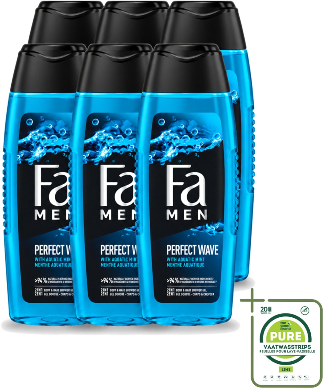 6 x Fa Men - Perfect Wave - 2 in 1 Douchegel & Shampoo - Menthol - 250 ml - Grootverpakking - Vaatwasstrips - Douchegel En Shampoo Voor Mannen - Menthol Geur - 2 In 1 Douchegel En Shampoo - Lichaam En Haar Verzorging - Verfrissende Douche
