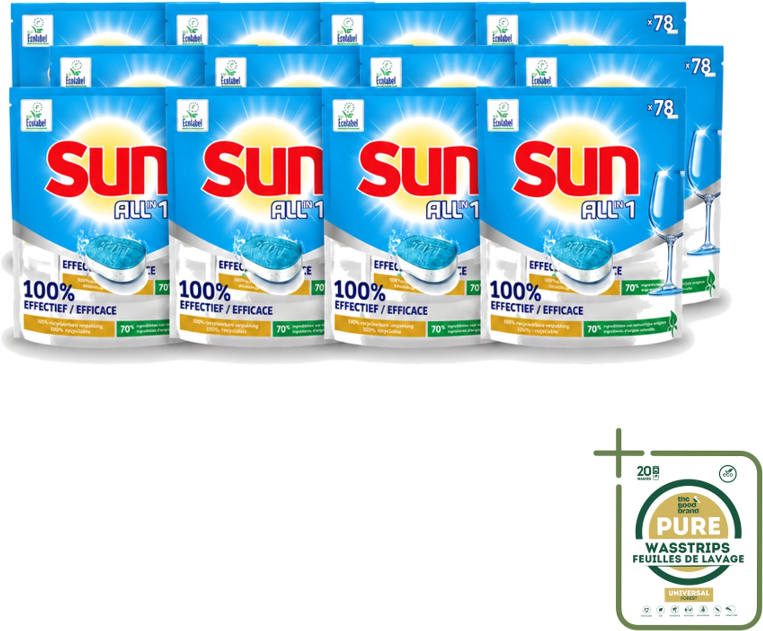 12 x Sun All-in-1 - Eco Label - Vaatwastabletten - 78 Tabletten - Wasstrips - Vaatwastabletten - Milieuvriendelijke Vaatwas - Eco Label - Vaatwasser Tabletten - Vet Verwijderen