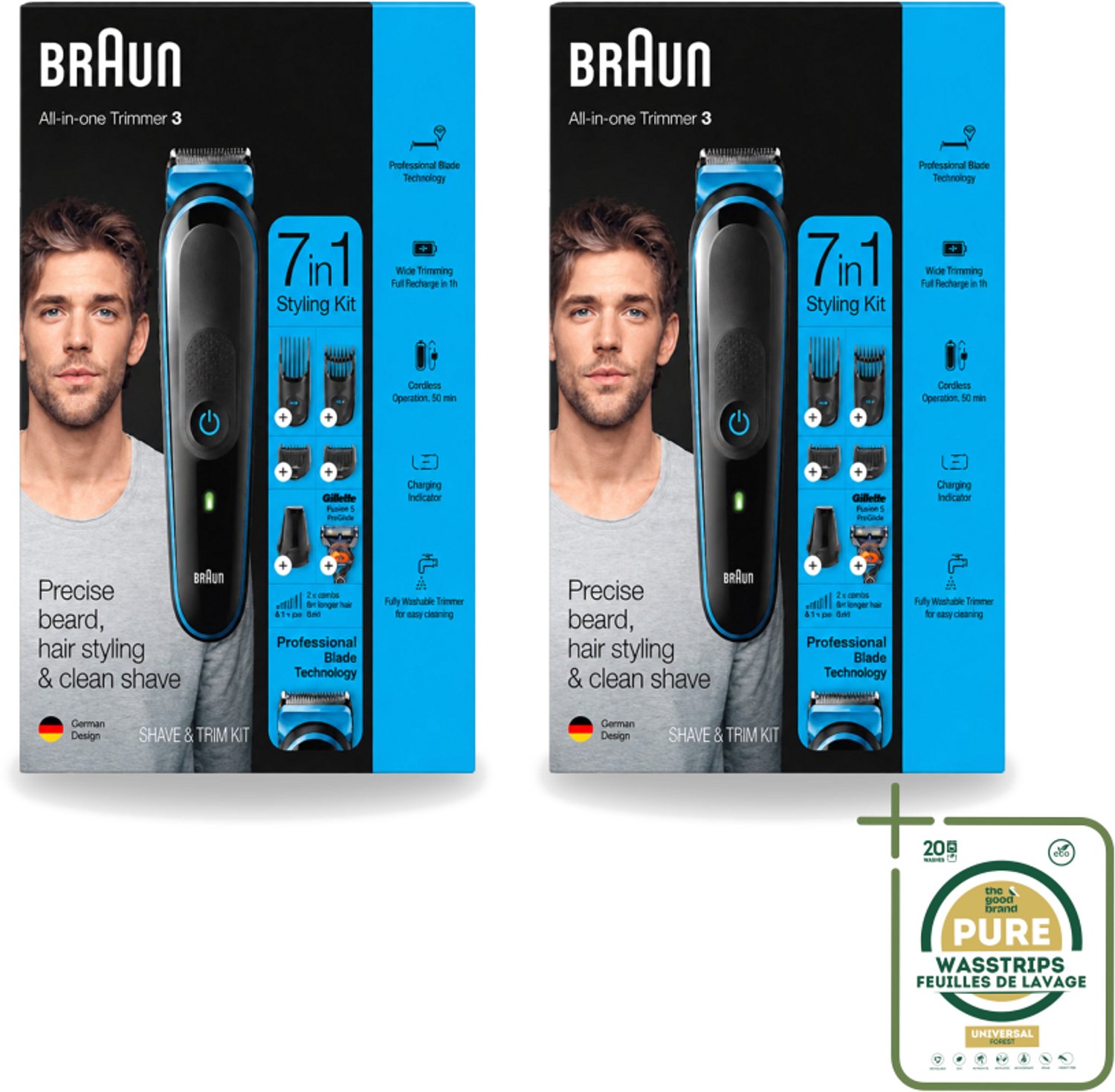 2 x Braun - Trimset - 7-in-1 - 1 Trim Apparaat - 6 Opzetstukken - Baard Trimmer - Gezichtshaar Trimmer - Neushaar Trimmer - Scheermes - Baard Onderhoud
