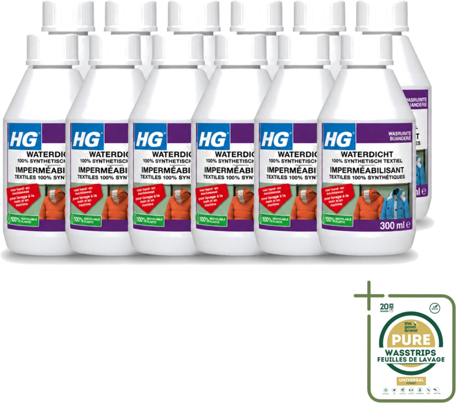 12 x HG - Wasruimte - Waterdicht 100% Synthetisch Textiel - Voor Hand & Machine Was - 300 ml - Wasstrips - Waterdicht Textiel - Vuilafstotend Textiel - Synthetisch Textiel Behandelen - Regenkleding Waterdicht Maken - Ski Kleding Waterdicht