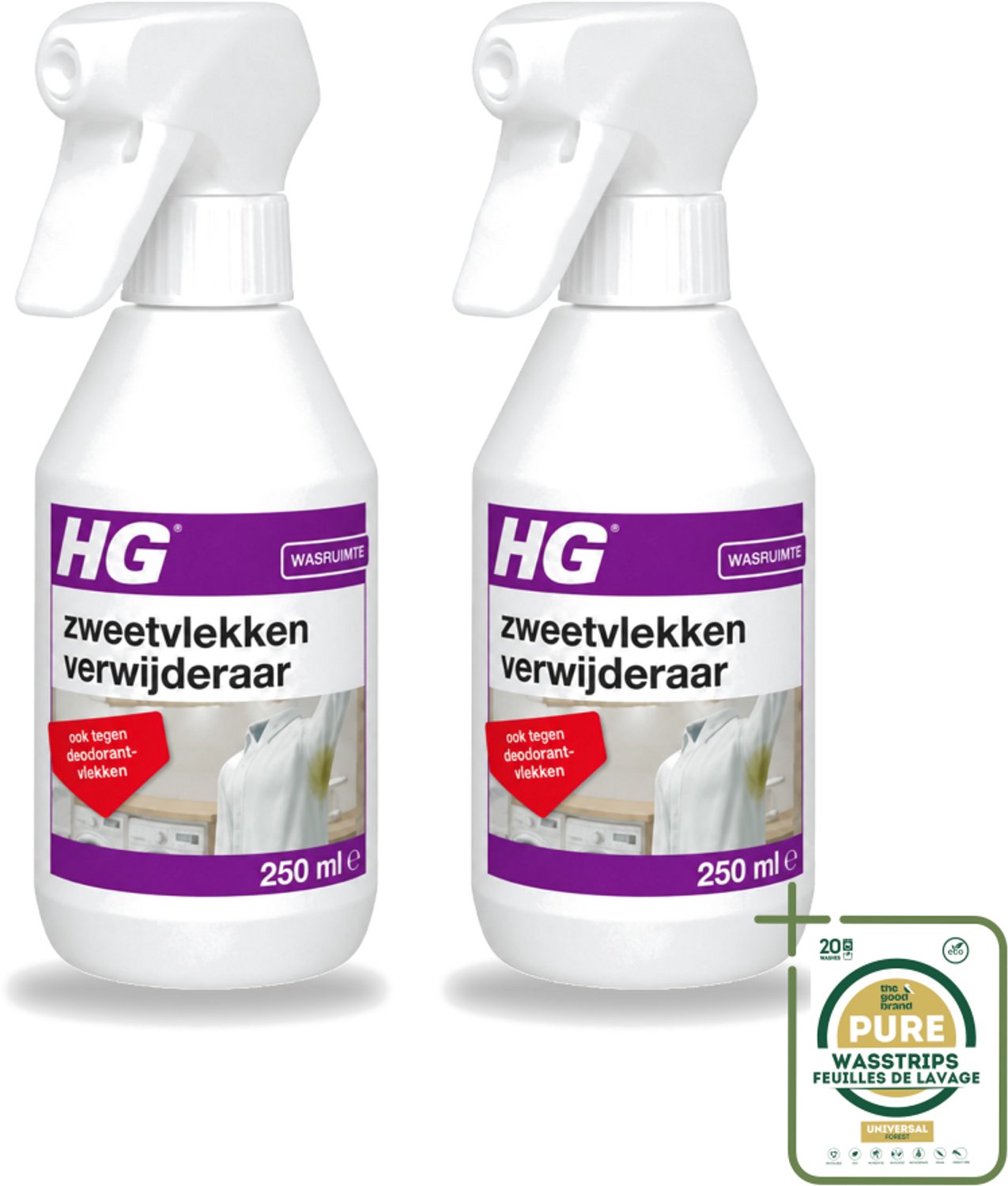 2 x HG - Wasruimte - Zweetvlekkenverwijderaar - Tegen Deodorantvlekken - 250 ml - Wasstrips - Zweetvlekken Verwijderen - Gele Vlekken Verwijderen - Deodorantvlekken Verwijderen - Textiel Reinigen - Wasmiddel Voor Vlekken