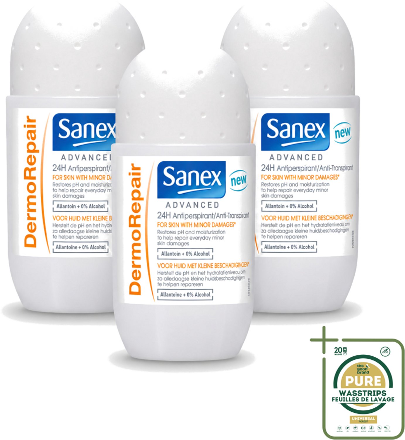 3 x Sanex Advanced - Dermo Repair - Deodorant Roller - 24h Anti-Transpirant - 0% Alcohol - 50 ml - Wasstrips - 24h Anti-transpirant - Huidherstel - Huidverzorging - Deodorant Roller - Anti-geur