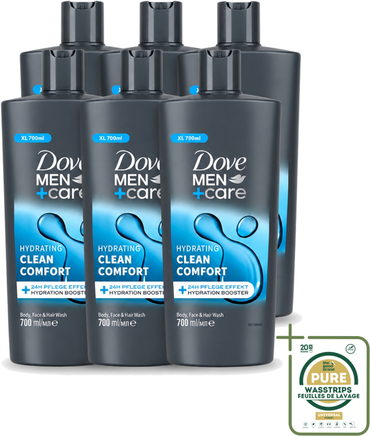 6 x Dove Men+Care - Clean Comfort - 3-in-1 Douchegel - Hydraterend- 700 ml - Wasstrips - Douchegel Voor Mannen - Lichaamsgel - Gezichtsgel - Haarverzorging - Hydraatende Douchegel