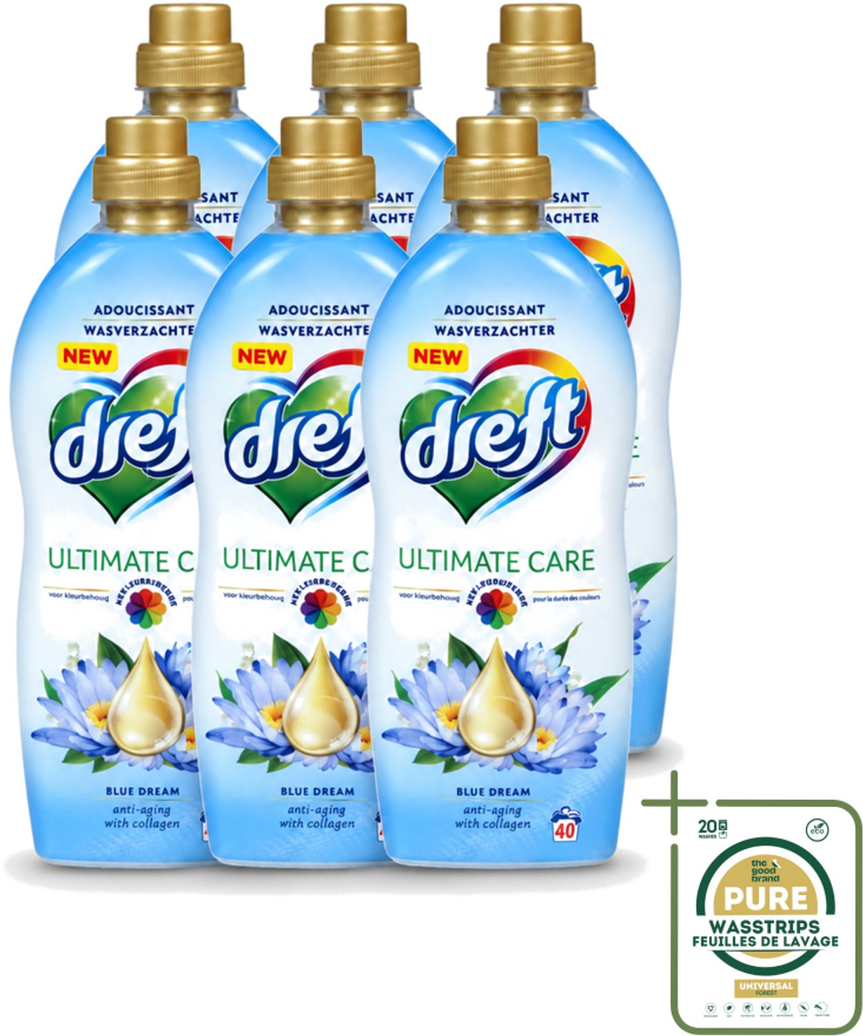 6 x Dreft - Wasverzachter - Gekleurde Was - Blauwe Droom - Anti-Veroudering - 40 Wasbeurten - Wasstrips - Wasverzachter - Anti-aging - Kleurbescherming - Wasgoed - Kleding Verzorging