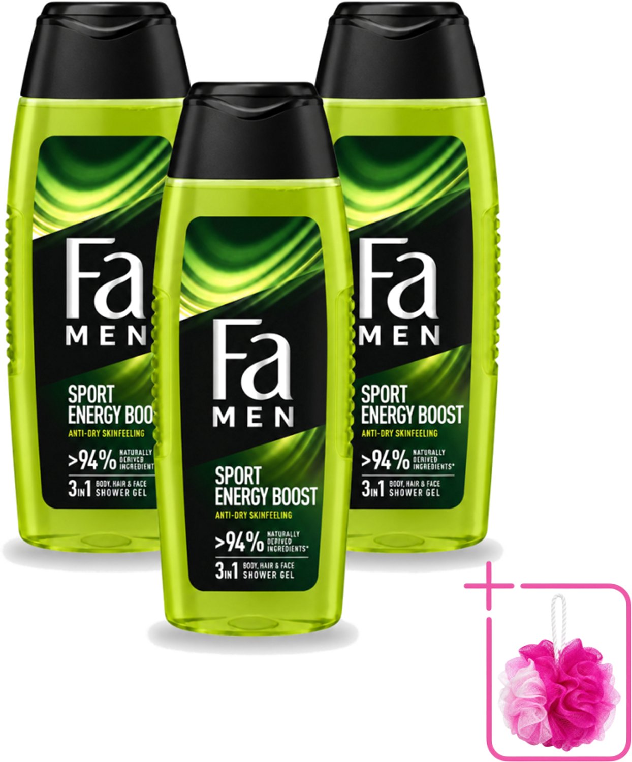 3 x Fa Men - Sport Energy Boost - Doucemiddel - Voor Lichaam, Haar & Gezicht - 250 ml - Bulkverpakking - Sport energie - Douchemop - Frisheid