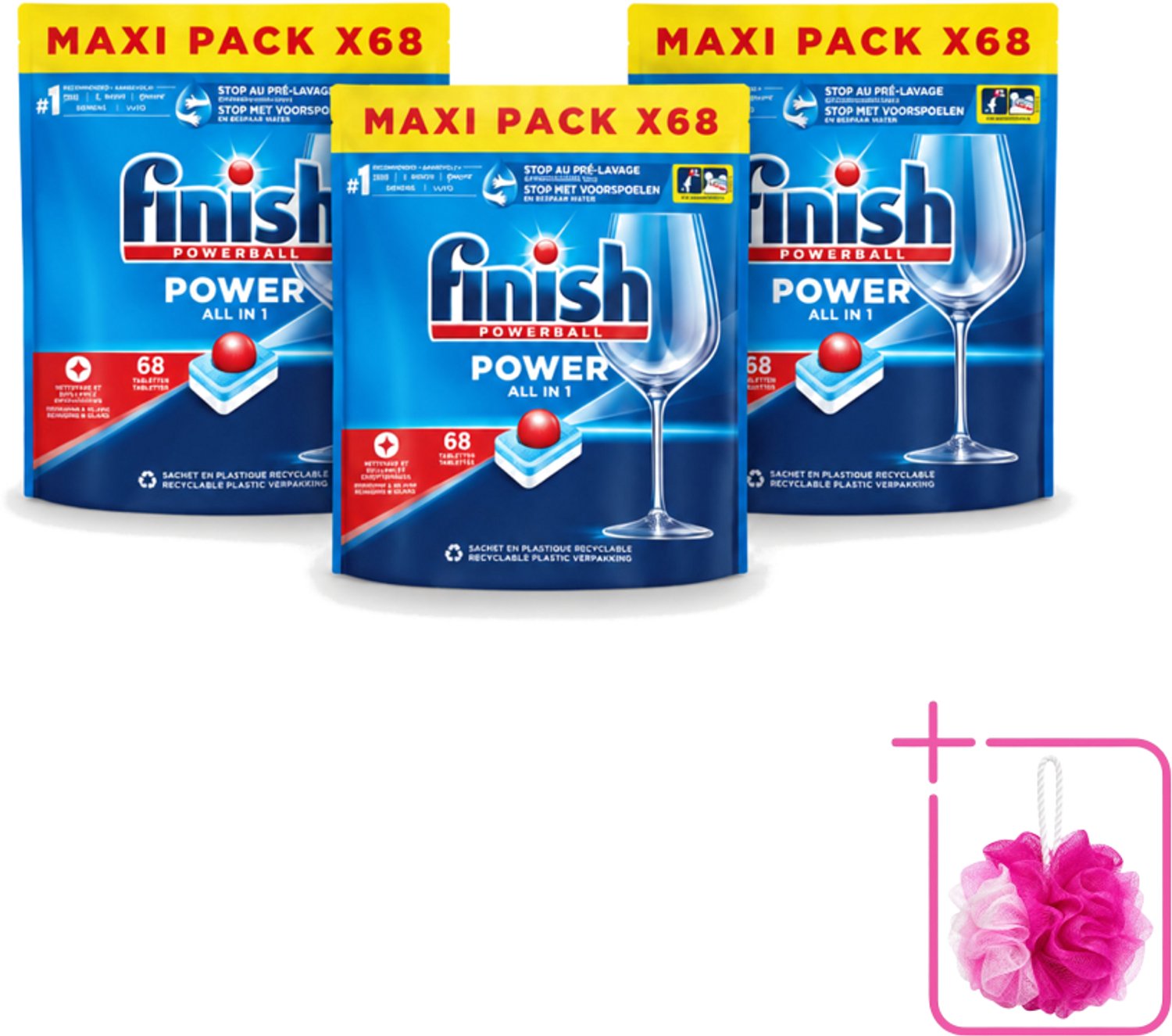 3 x Finish Powerball - Power All in 1 - Vaatwastabletten - Reiniging & Glans - 68 Tabletten - Bulkverpakking - Vaatwastabletten - Douchemop - Vaatwasmiddel
