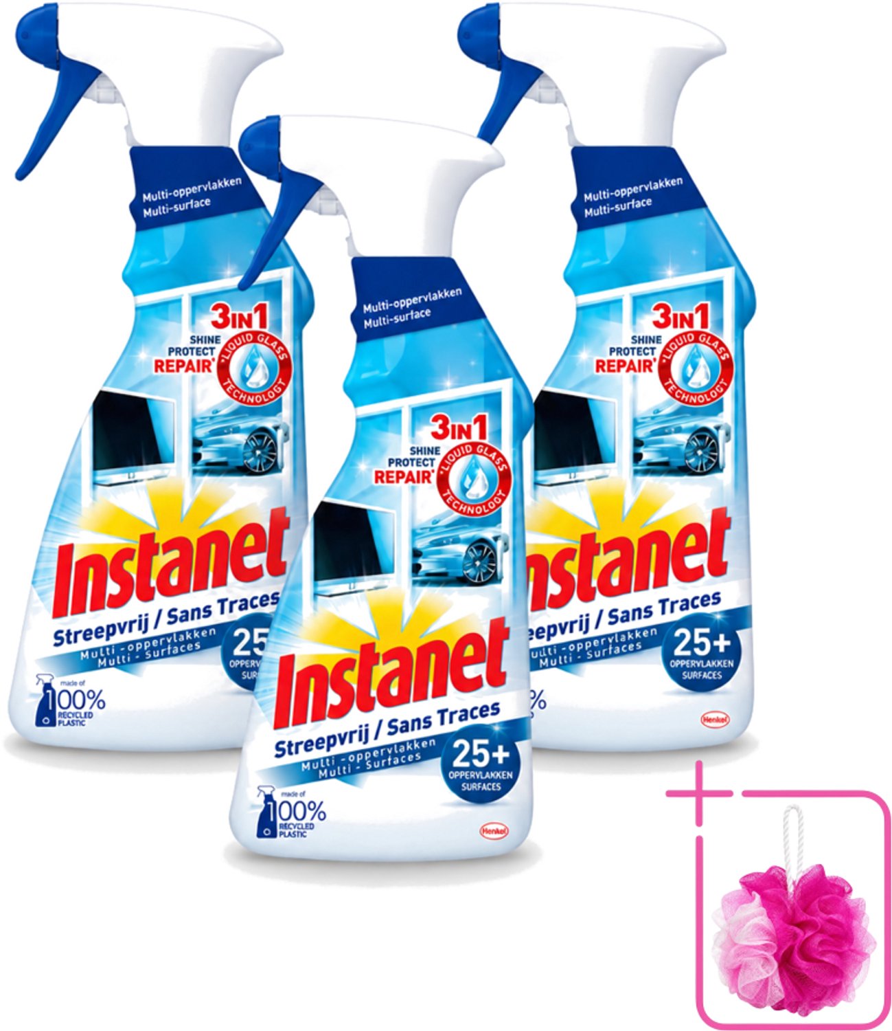 3 x Instanet - Schoonmaakspray - Streepvrij - 3 in 1 - Multi-Oppervlakken - 725 ml - Bulkverpakking - Schoonmaak spray - Douchemop - Glas reinigen