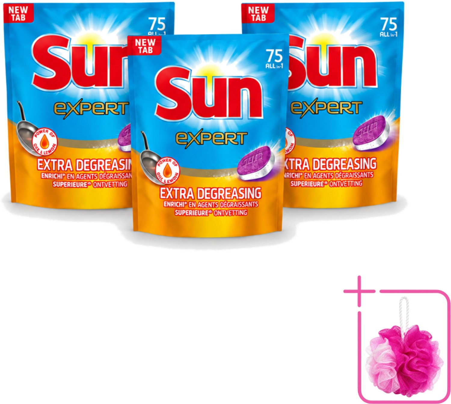 3 x Sun Expert - All-in-1 - Vaatwastabletten - Extra Ontvettend - 75 Tabletten - Bulkverpakking - Vaatwastabletten - Douchemop - Vaatwasmiddel