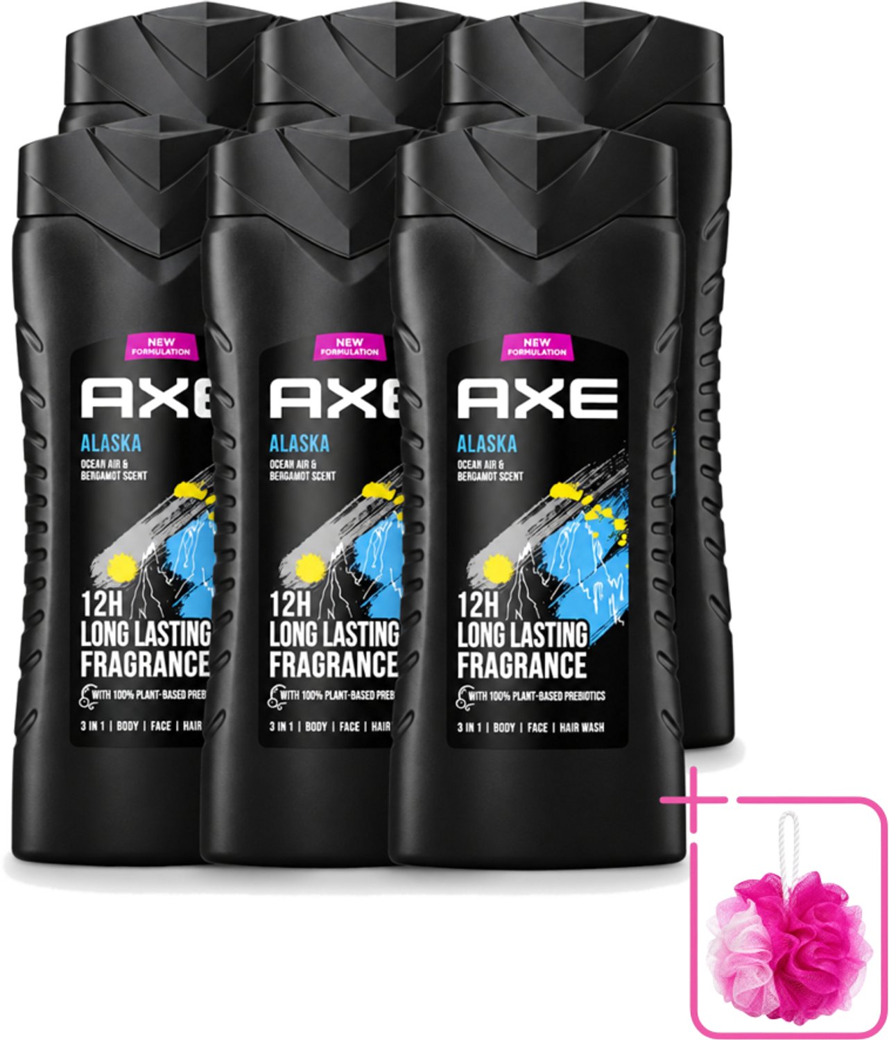 6 x Axe XL - 3-in-1 Douchegel - Alaska - Ocean Air & Bergamot - 12hrs Long Lasting Scent - 400 ml - Bulkverpakking - Douchegel - Douchemop - Oceaanlucht