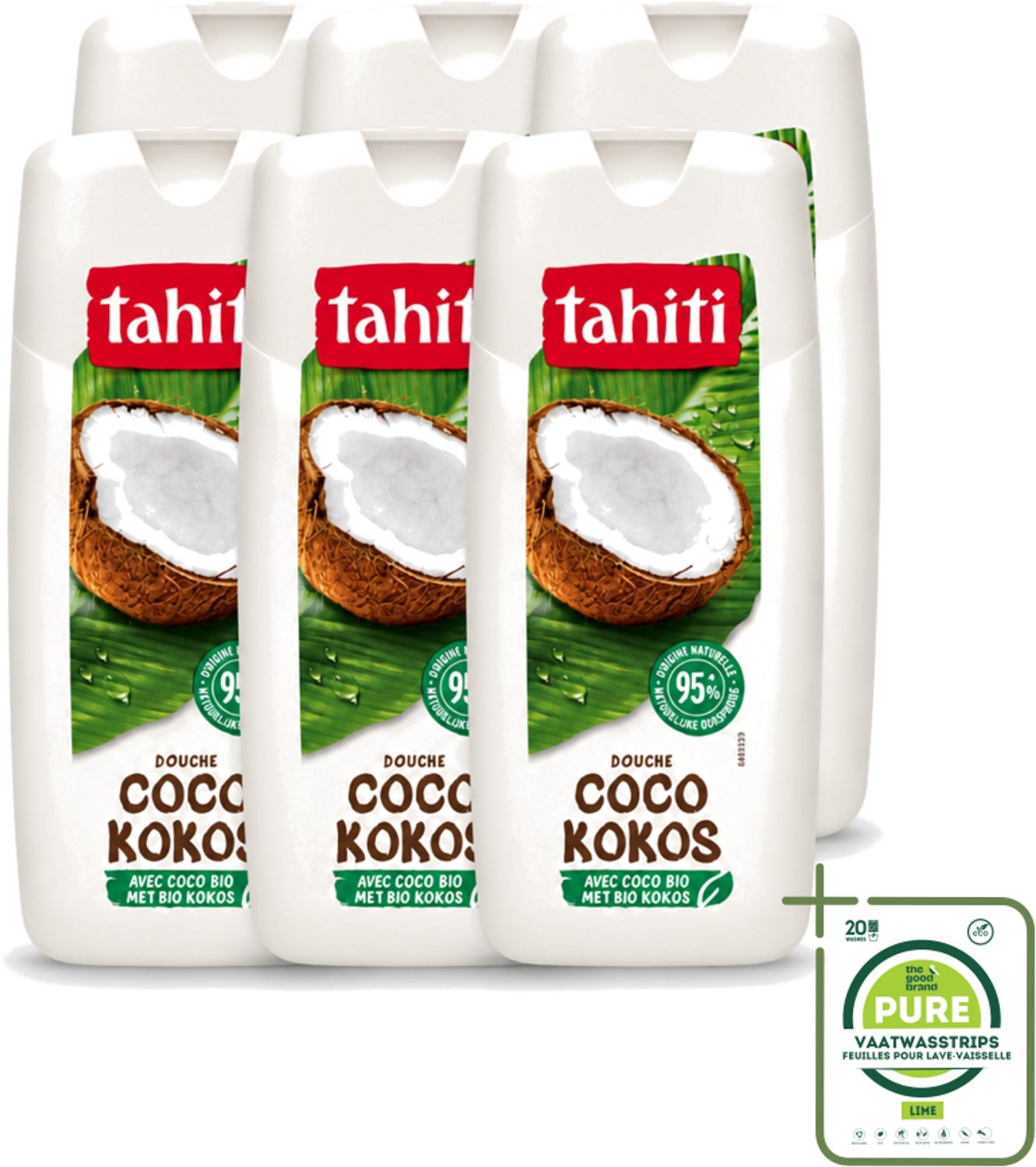 6 x Tahiti - Douchegel - Biologische Kokos - 100% Vegan - 300 ml - Grootverpakking - Vaatwasstrips - Douchegel Kokos - Biologische Kokos - Kokos Douchegel - Hydratatie Huid - Verzorging Huid