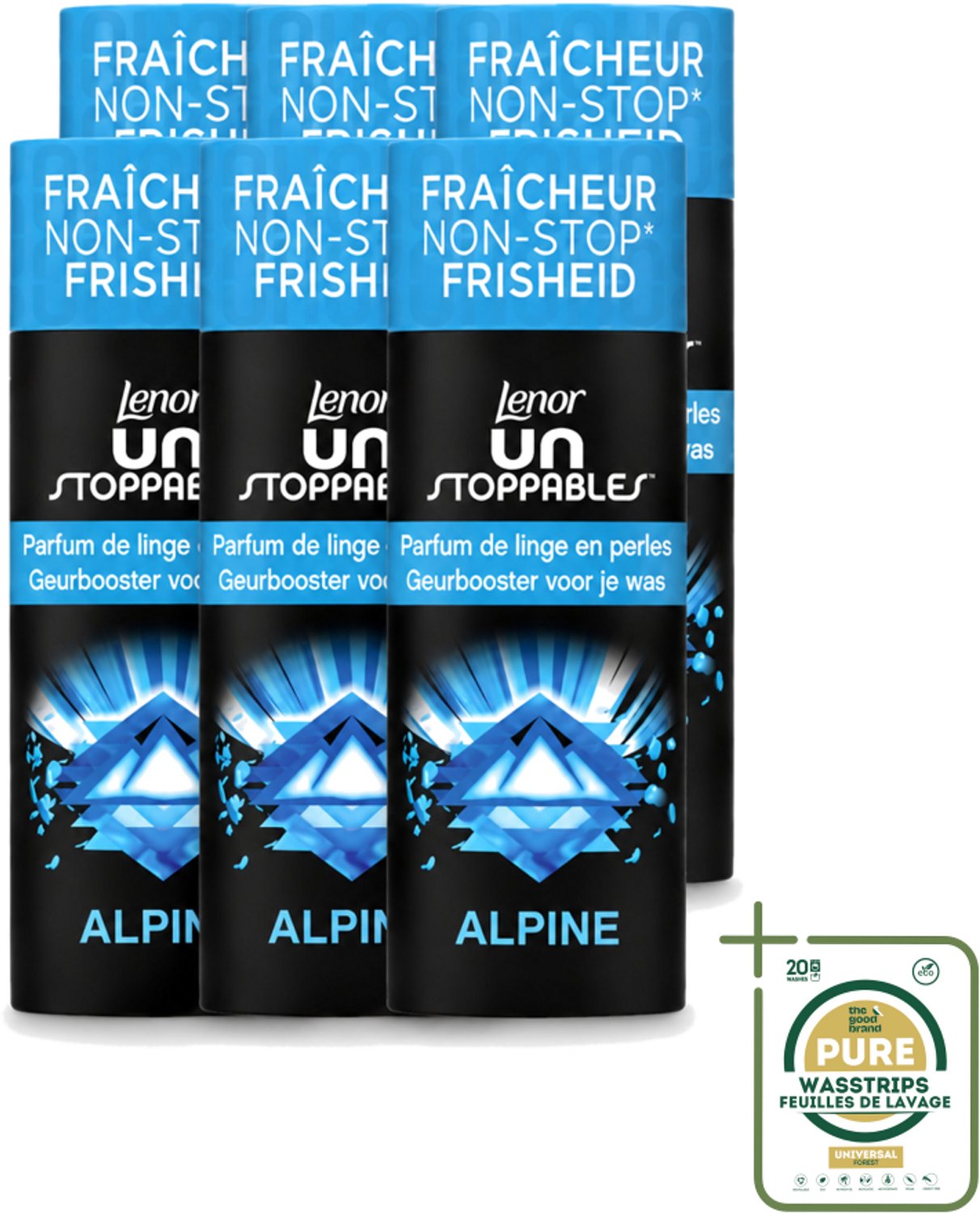 6 x Lenor Unstoppables – Geurbooster – Alpine – 19 Wasbeurten – 235 g - Wasstrips - Geurbooster Wasgoed - Frisheid Wasgoed - Citrus Geur - Bloemen Geur - Kruiden Geur