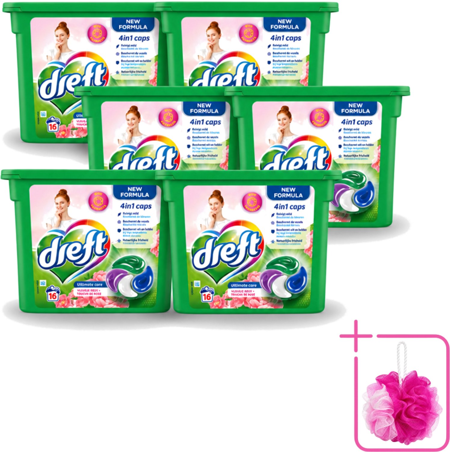 6 x Dreft - Nieuwe Formule - Wasmiddelcapsules 4in1 - Witte en Gekleurde Was - Vleugje Roze - 16 Wasbeurten - Bulkverpakking - Wasmiddelcapsules - Douchemop - Wasbeurten