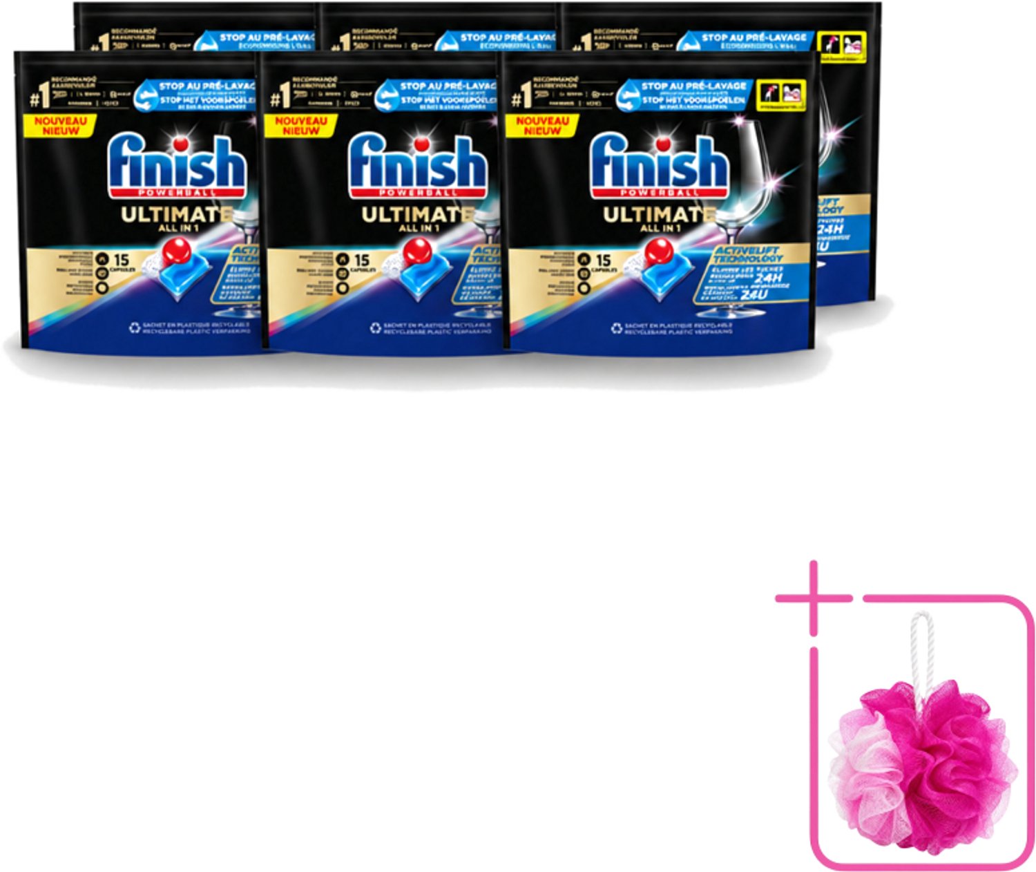 6 x Finish Powerball - Ultimate All in 1 - Vaatwastabletten - Activelift - 15 Capsules - Bulkverpakking - Vaatwastabletten - Douchemop - Activelift