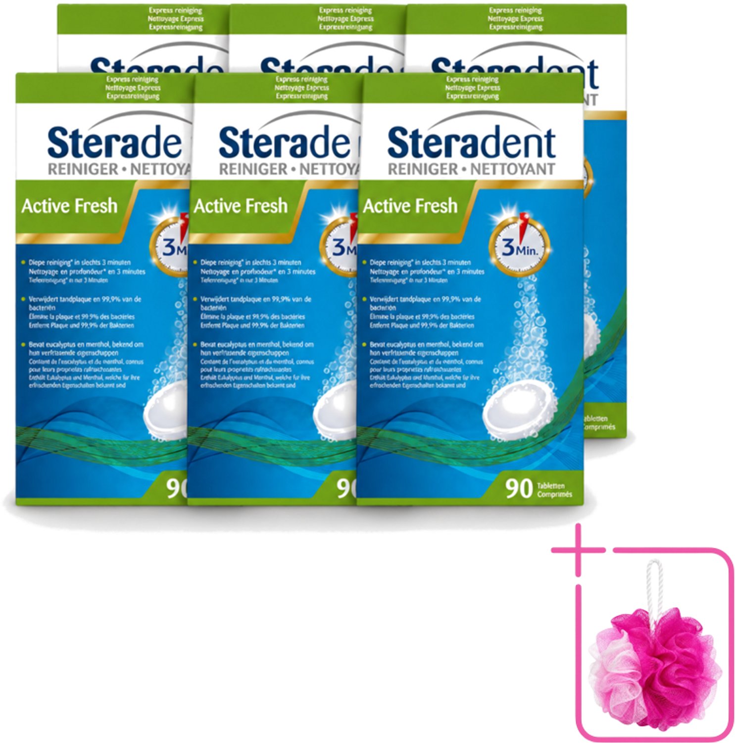 6 x Steradent - Kunstgebitreiniger - Active Fresh - Menthol En Eucalyptus - 90 Tabletten - Bulkverpakking - Kunstgebit reinigen - Douchemop - Kunstgebit reiniging