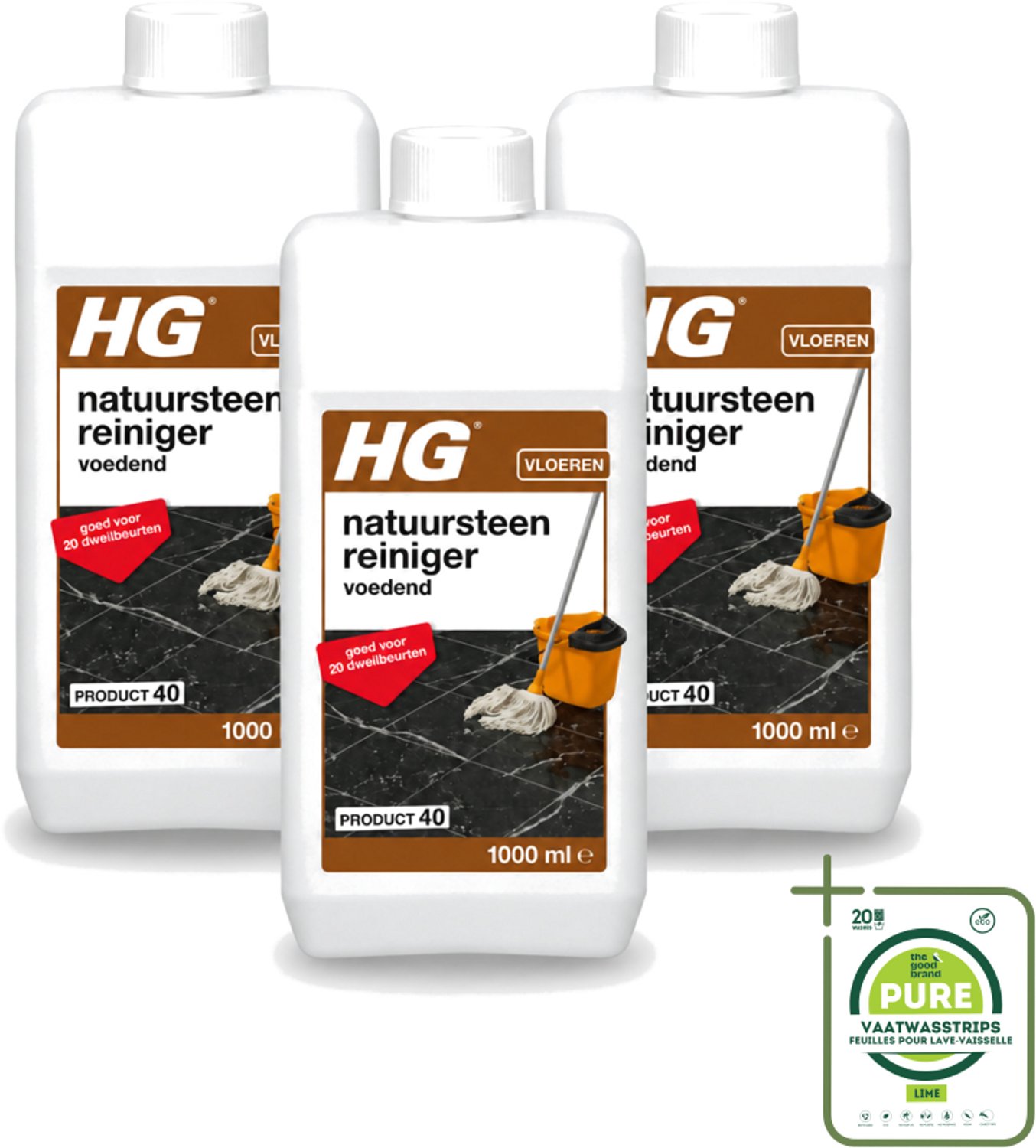 3 x HG - Natuursteenreiniger - Hydraterend - Voor Regelmatige Reiniging - 20 Dweilbeurten - 1L - Grootverpakking - Vaatwasstrips - Natuursteen Reinigen - Marmer Reinigen - Natuursteen Voeden - Vloer Reinigen - Dweilreiniger
