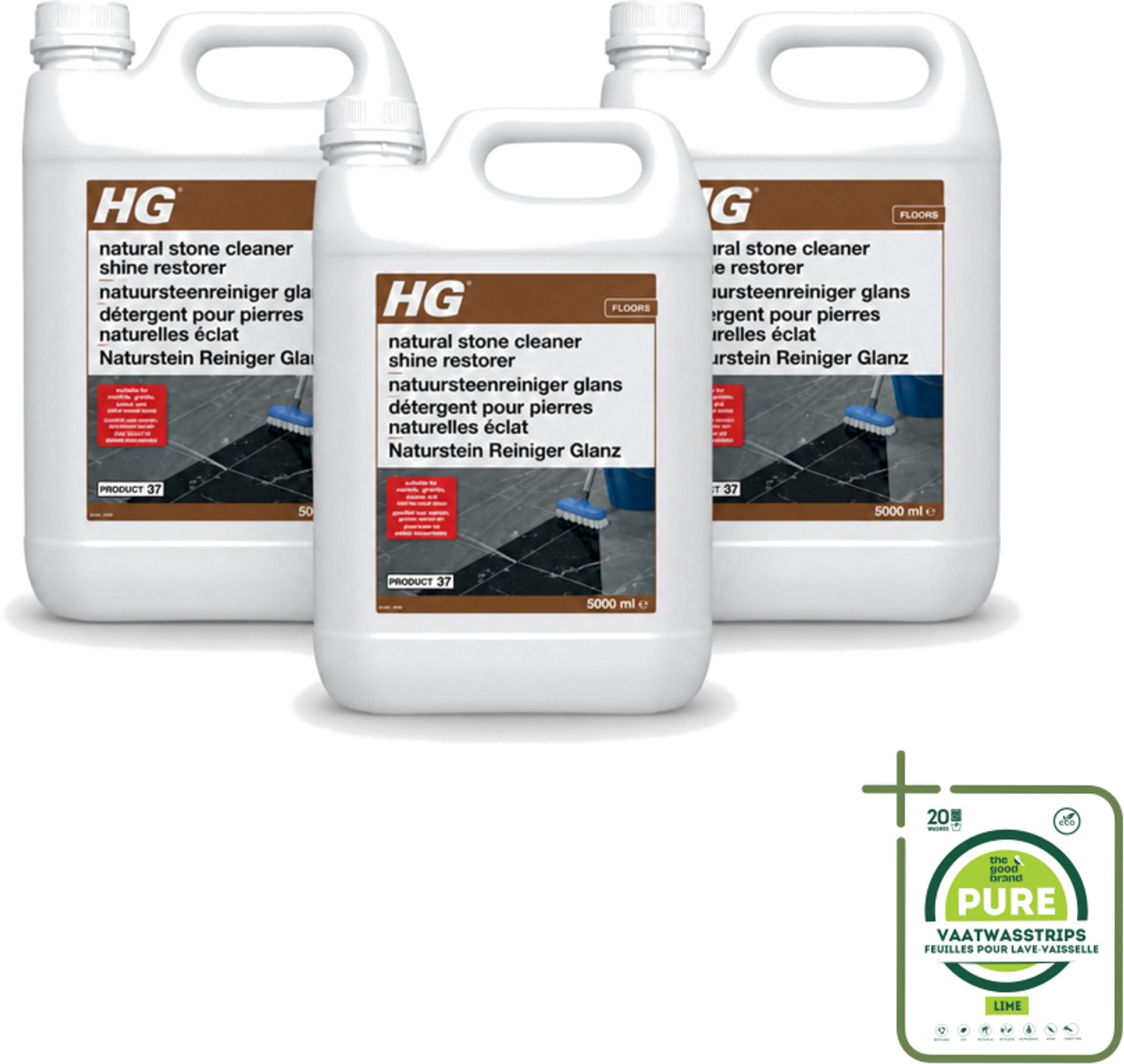 3 x HG - Natuursteenreiniger Glans - 40 Dweilbeurten - 5L - Grootverpakking - Vaatwasstrips - Natuursteen Reinigen - Marmer Reinigen - Glans Herstellen - Natuursteen Schoonmaken - Natuursteen Onderhoud