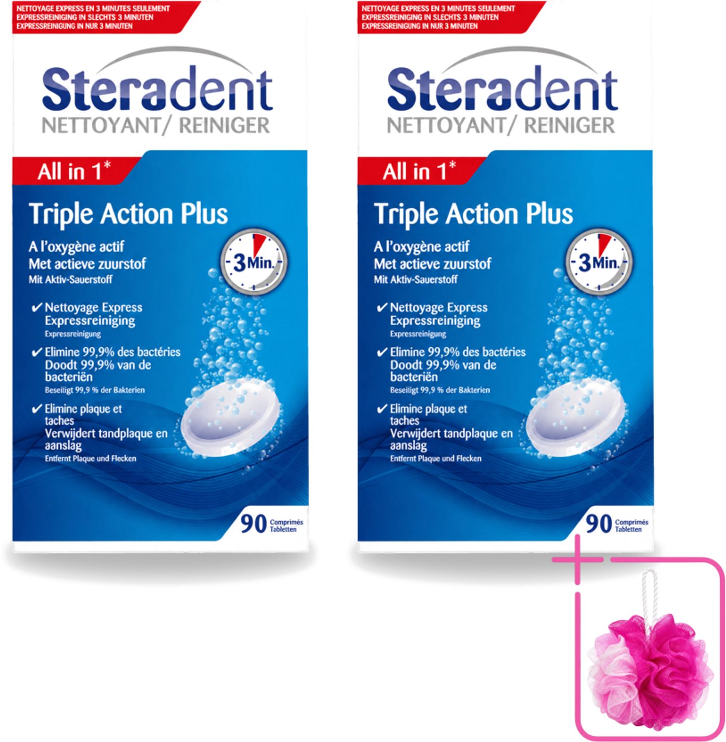 2 x Steradent - Kunstgebitreiniger - Tegen Tandplak En Aanslag - 90 Tabletten - Bulkverpakking - Kunstgebit reinigen - Douchemop - Tandplak verwijderen