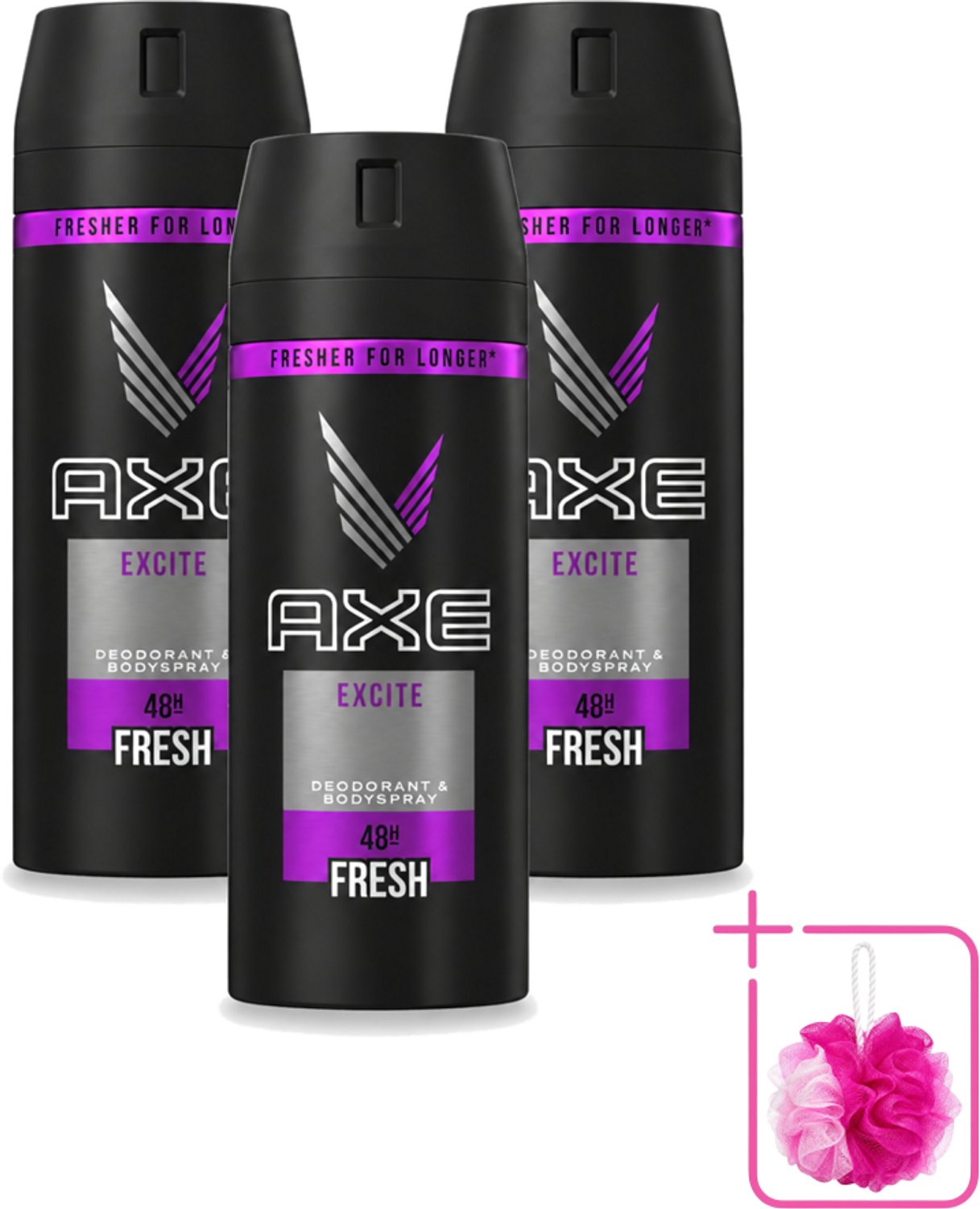 3 x Axe - Deodorant Bodyspray - 48hrs Fresh - Excite - 150 ml - Bulkverpakking - 48 uur fris - Douchemop - Deodorant spray