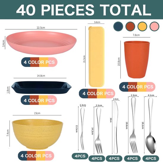 Campingserviesset, herbruikbare kunststof borden, voor 4 personen, campingservies, picknickset, 40-delig, kommen - ShopVlot — afbeelding 5