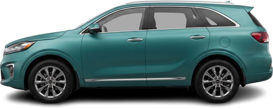 Zij-aanzicht van een teal Kia Sorento SUV met chromen accenten.
