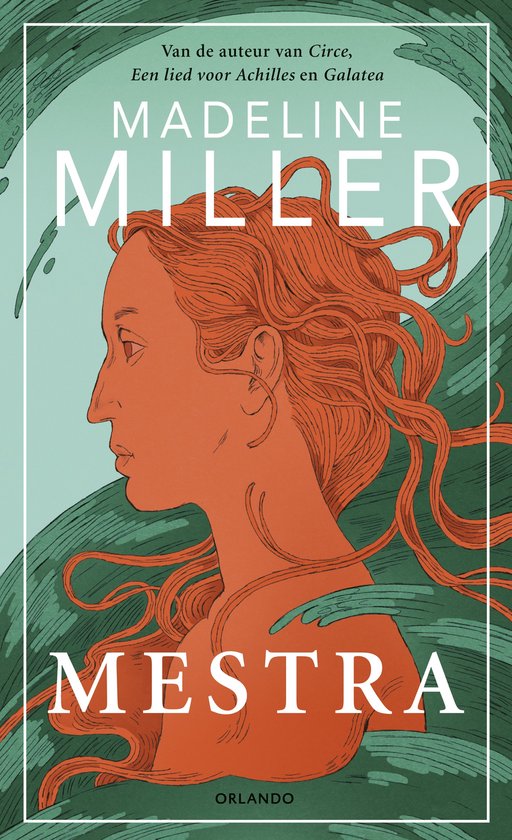 Boekomslag van Mestra van Madeline Miller. Koperkleurig profiel van een vrouw tegen een teal-achtergrond met golvende vormen.