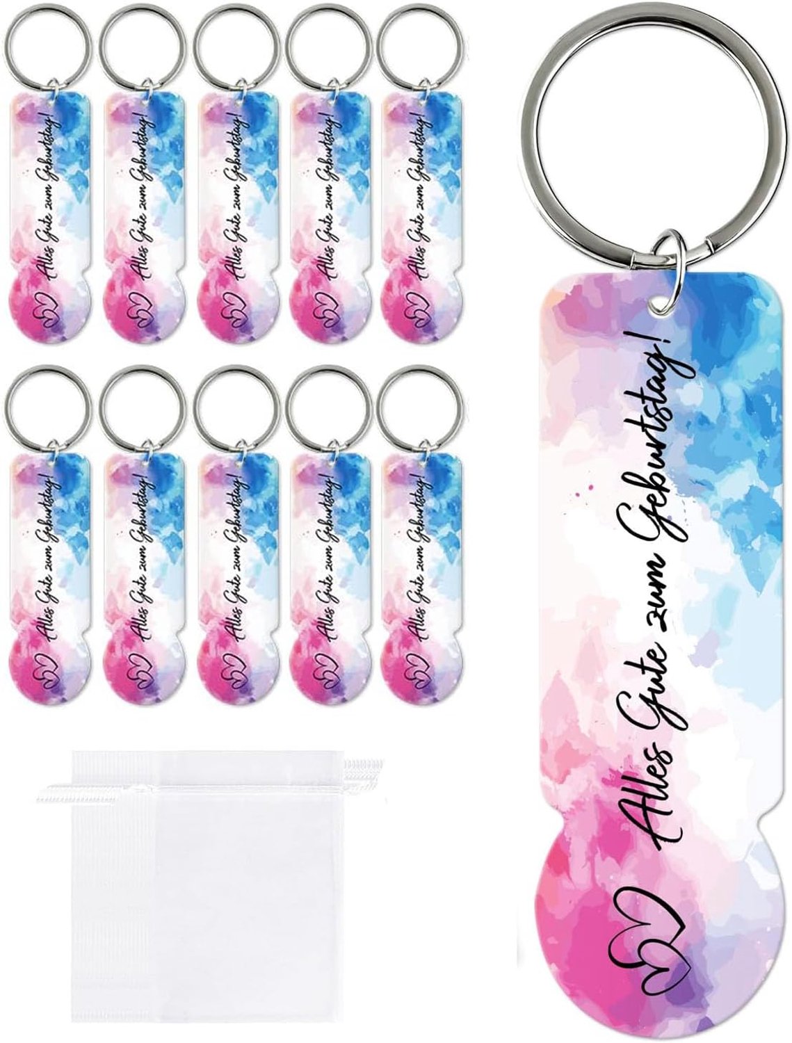 Winkelwagenchip sleutelhangerset 10 stuks - acryl - Happy Birthday - leuk afscheidscadeau - Homevero