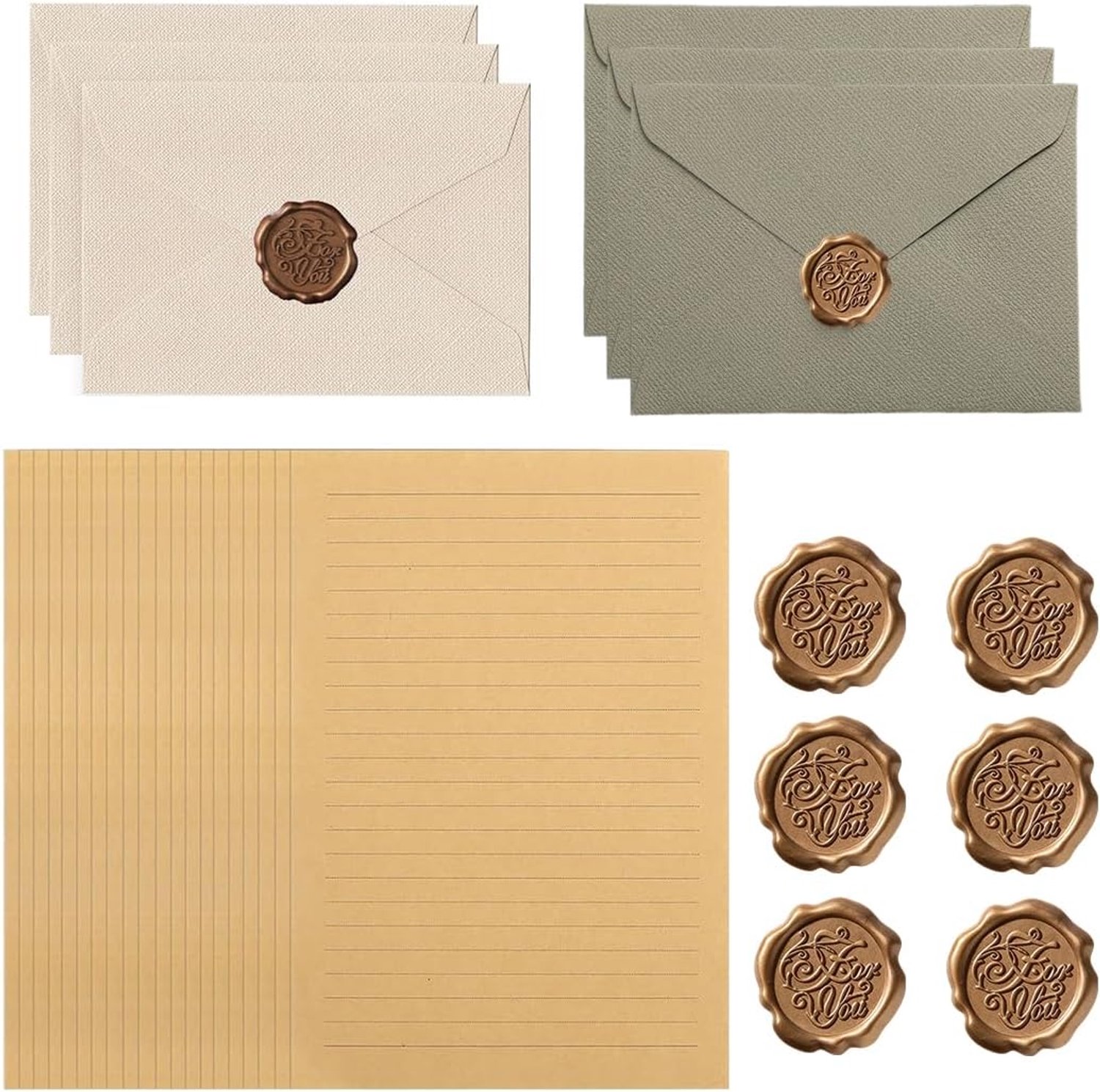Briefpapier met envelop 6 sets - zelfklevend kraftpapier - grijs-beige - perfect voor jubileum of verjaardag - Vemera