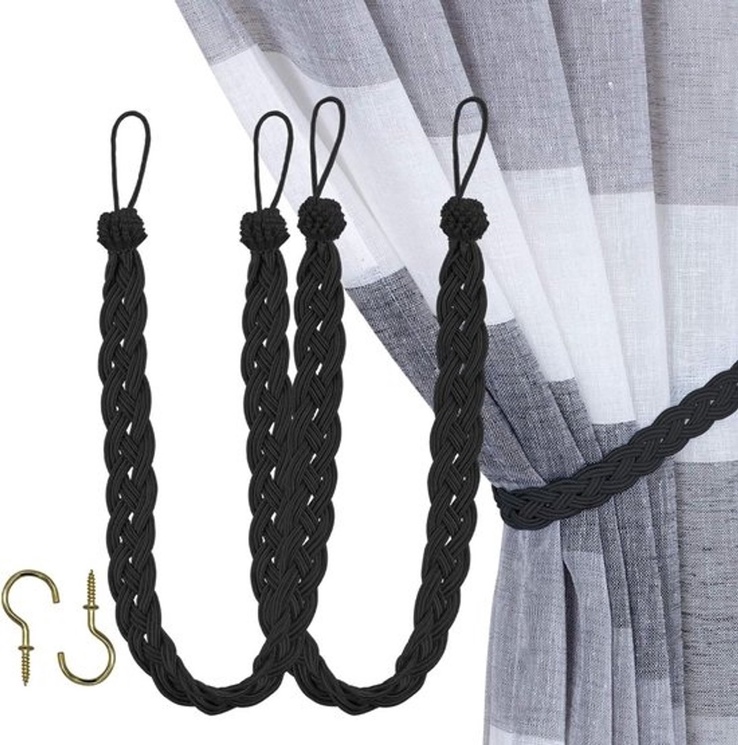 Home Queen Hand gevlochten gordijn stropdas terug, gesp Holdback gordijn Tiebacks, 2 touw riem gordijn stropdas met 2 metalen haken, zwart