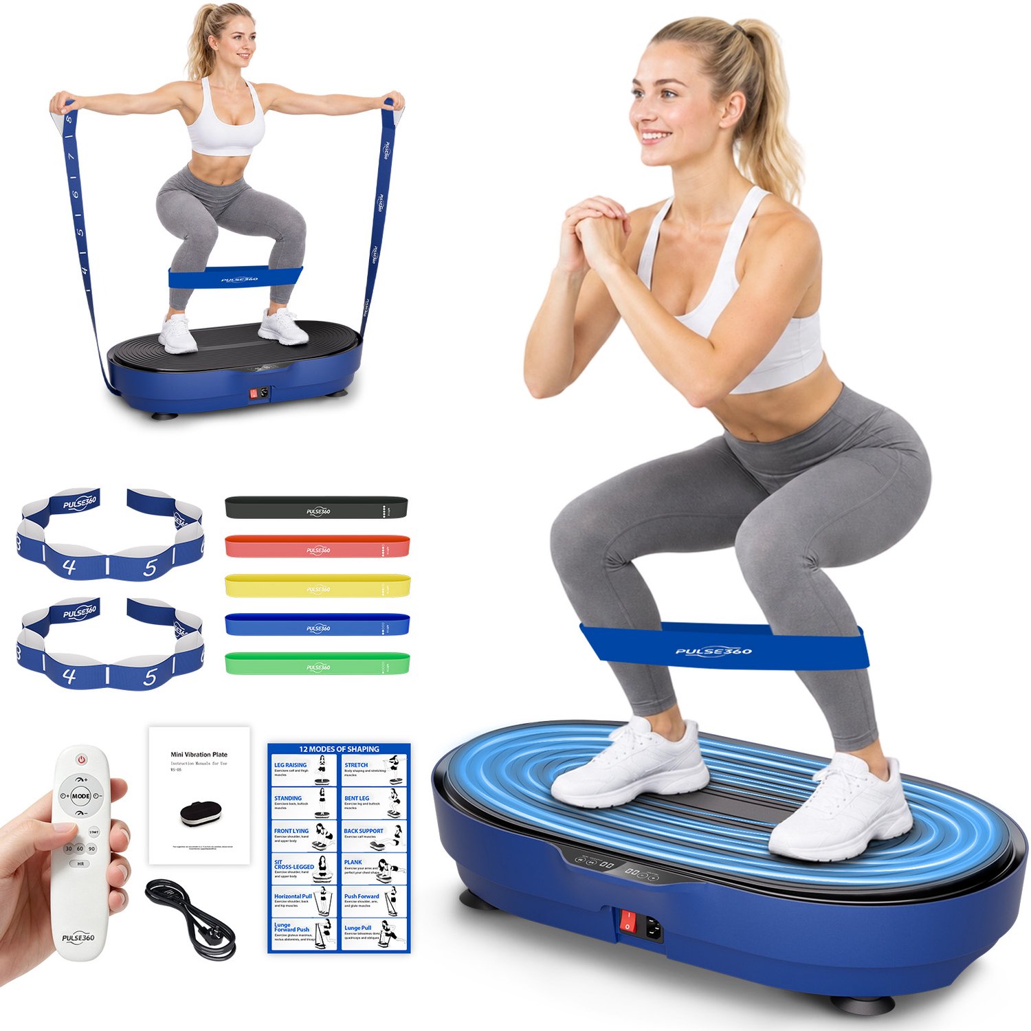 PULSE360 Trilplaat Thuis - Trilplaat fitness - 5 Programma's & 99 Snelheidsniveaus - Yoga Elastieken Banden - Max 299kg - Thuis Fitness - Blauw