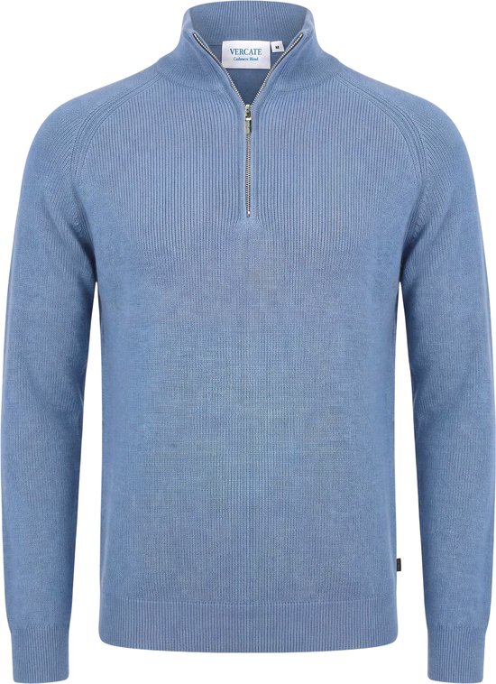 Pull zippé bleu clair Vercate en mélange cachemire avec motif côtelé, étiquette de la marque au col.