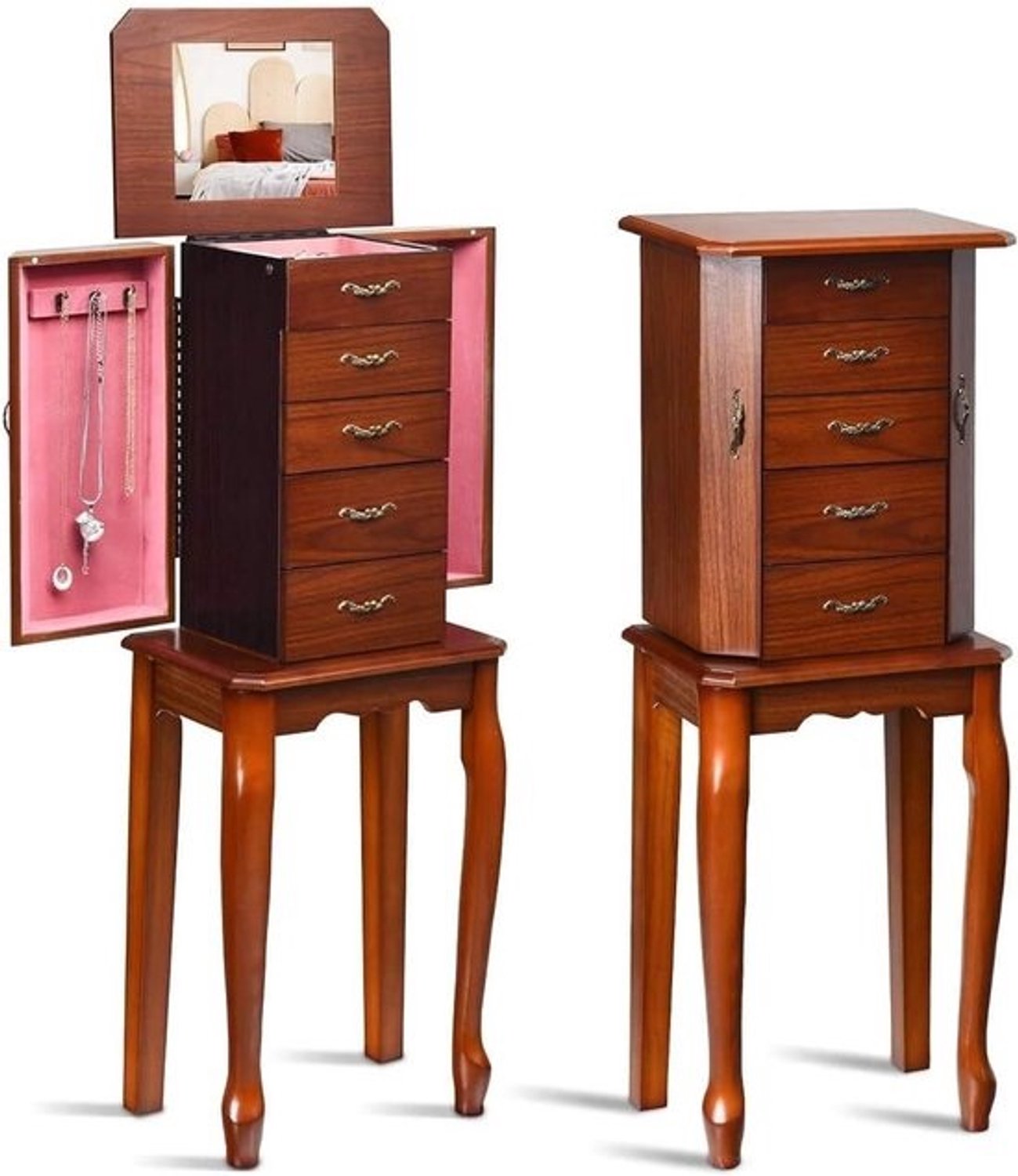 Sieradenkast met spiegel - Sieradenkist juwelen organizer - Sieraden opbergen - 5-laags staand model - 33.5 inch hoog - Donker Walnoot