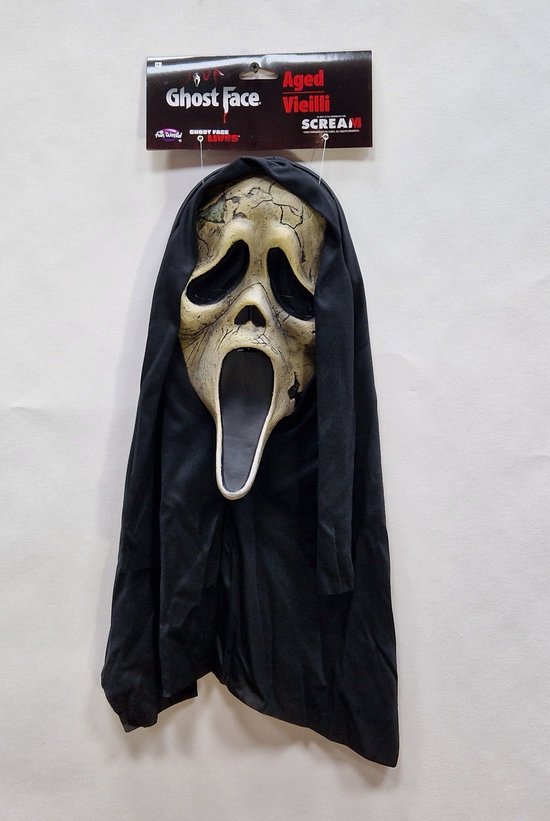 Officiële Ghostface-masker met capuchon, 'Aged Vieilli' Scream-look. Wit masker met zwarte, losse capuchon.