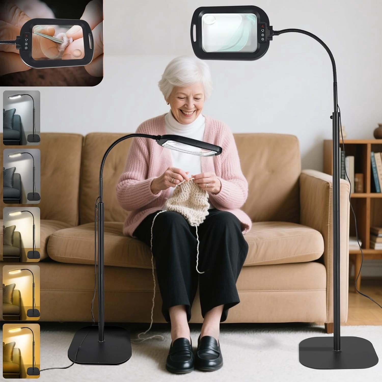Loeplamp met Licht - Zwart - 113,8 cm Hoogte - 3-in-1 Vergrootlamp met Flexibele Zwanenhals - Voor Hobbyisten en Senioren