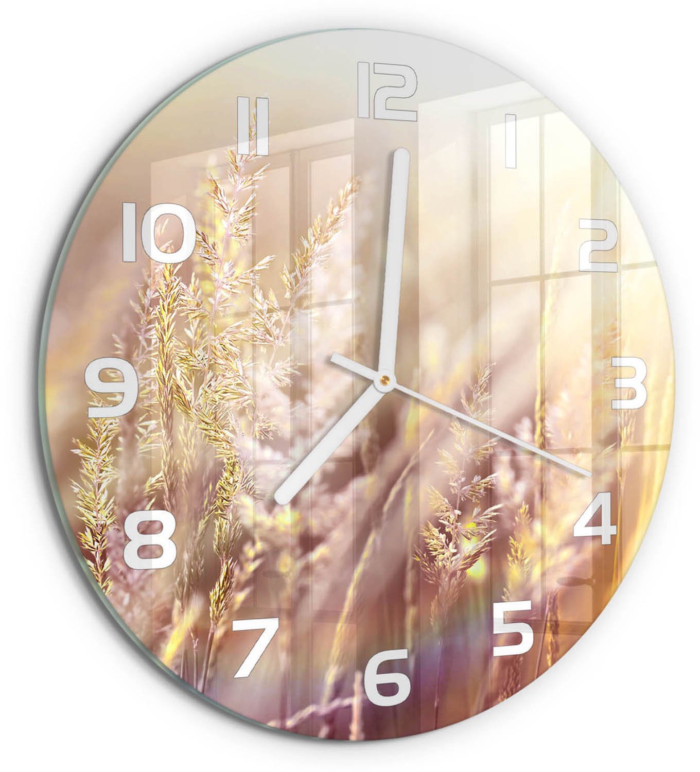 TULUP Wandklok - Hoog gras Klok Glas Met Opdruk - fi30 cm - Beige Moderne Wandklok Glas - Witte handen - Ronde Klok - Decoratieve Glazen Klok - Glazen Wandklok Design