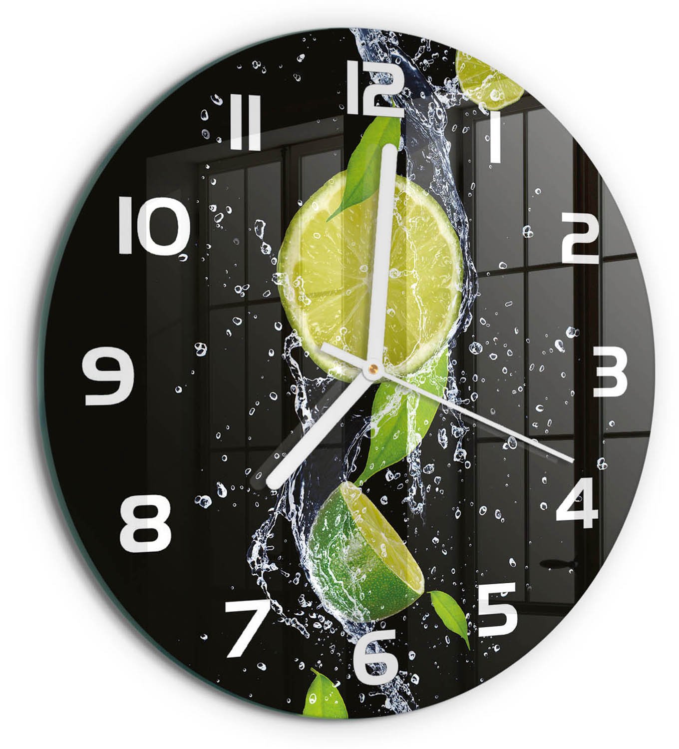 TULUP Wandklok - Kalk en water Gekleurde Glazen Klok - fi30 cm - Groente Glazen Klok Met Print - Witte handen - Ronde Klok - Moderne Wandklok Glas - Wandklok Glas Decoratie
