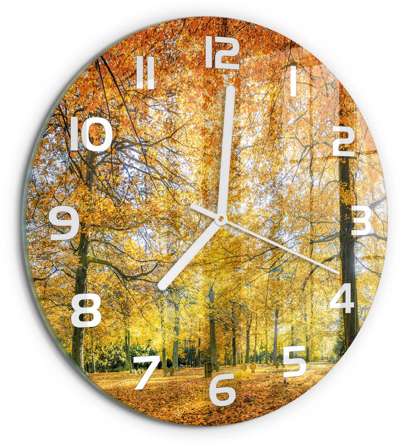 TULUP Wandklok - Herfstbos Wandklok Glas Met Motief - fi30 cm - Oranje Decoratieve Glazen Klok - Witte handen - Ronde Klok - Gekleurde Glazen Klok - Glazen Klok Met Print