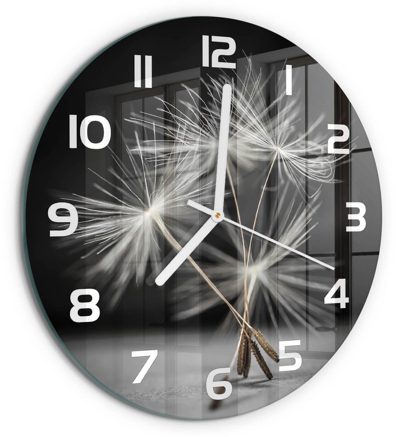 TULUP Wandklok - Paardenbloemzaden Wandklok Glas Decoratie - fi30 cm - Zwart-wit Gekleurde Glazen Klok - Witte handen - Ronde Klok - Klok Glas Met Opdruk - Moderne Wandklok Glas