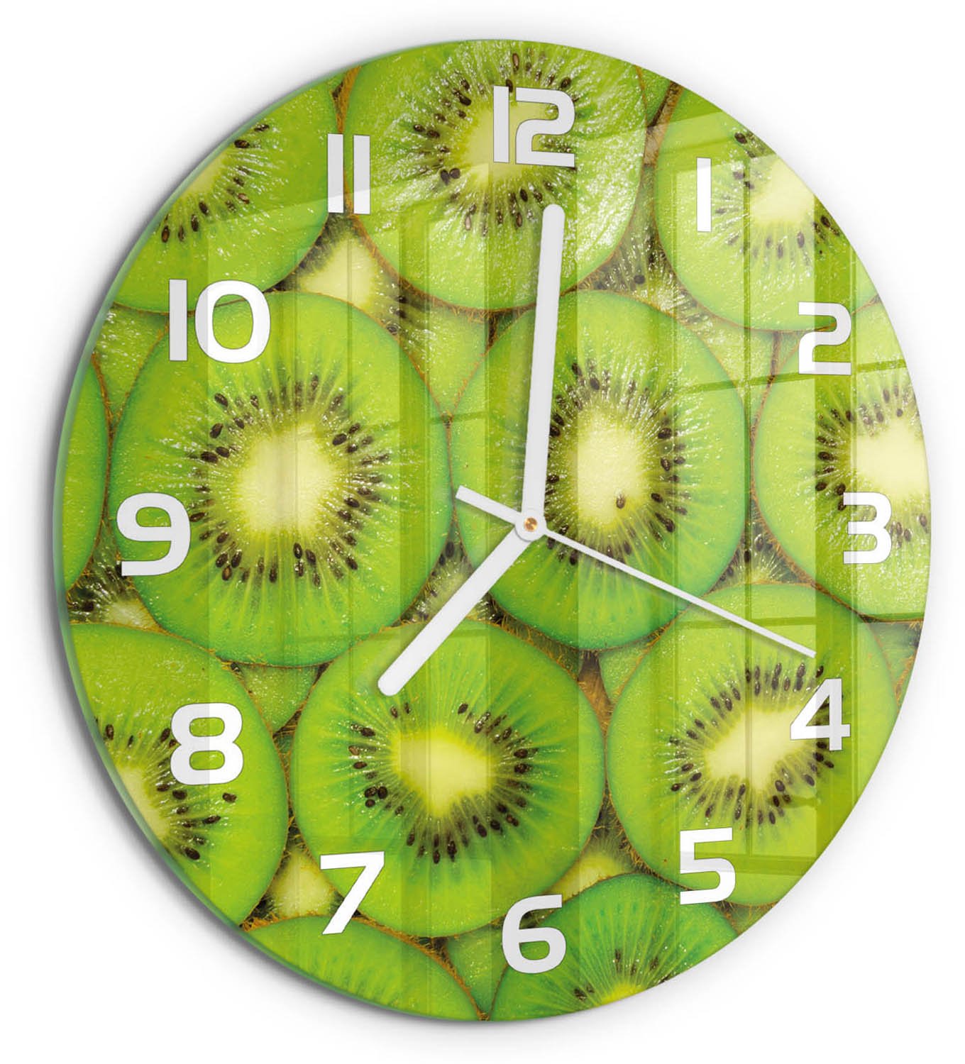 TULUP Wandklok - Kiwi Wandklok Glas Decoratie - fi30 cm - Groente Gekleurde Glazen Klok - Witte handen - Ronde Klok - Klok Glas Met Opdruk - Moderne Wandklok Glas