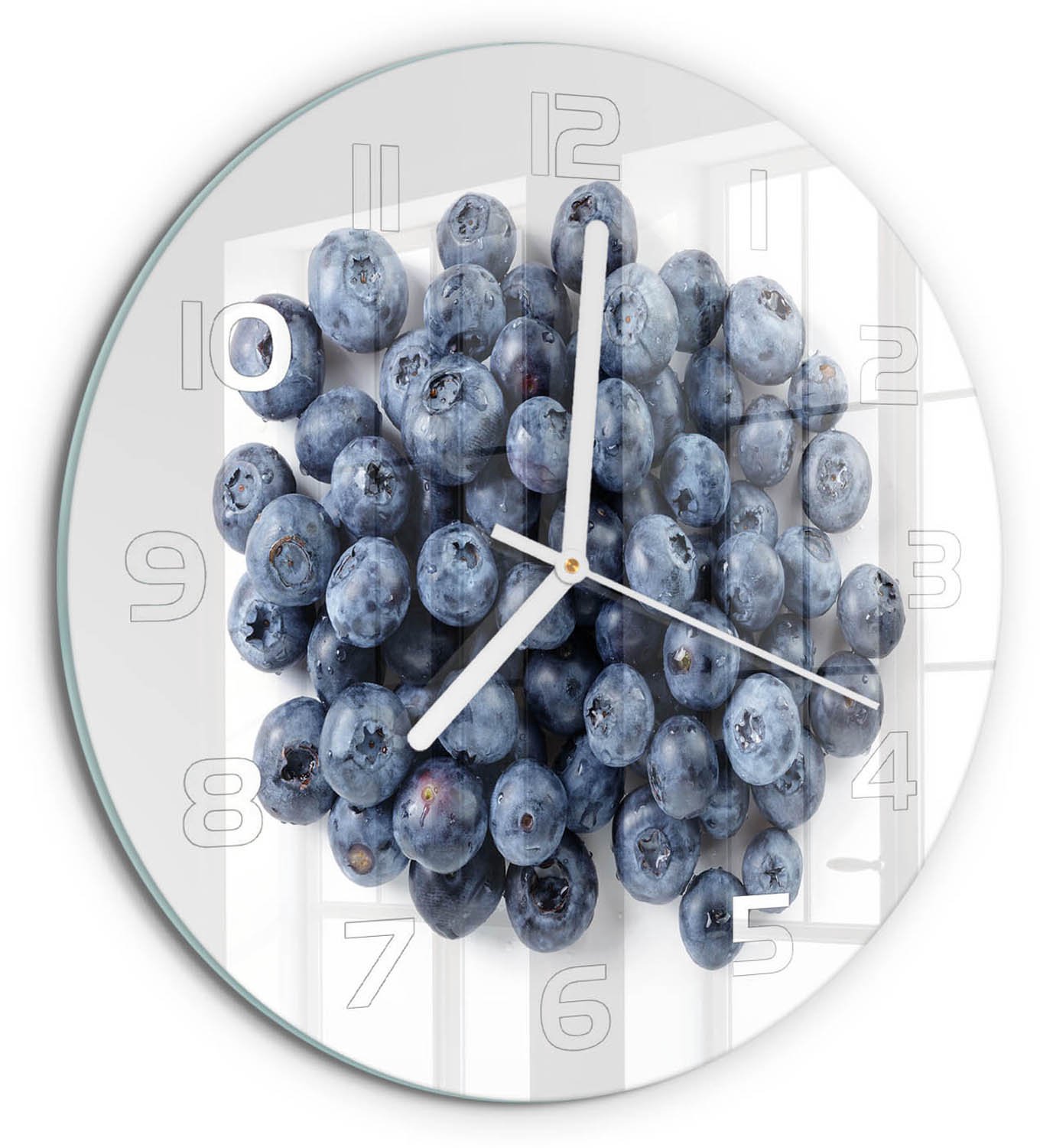 TULUP Wandklok - Bosbessen Klok Glas Met Opdruk - fi30 cm - Blauw Moderne Wandklok Glas - Witte handen - Ronde Klok - Decoratieve Glazen Klok - Glazen Wandklok Design