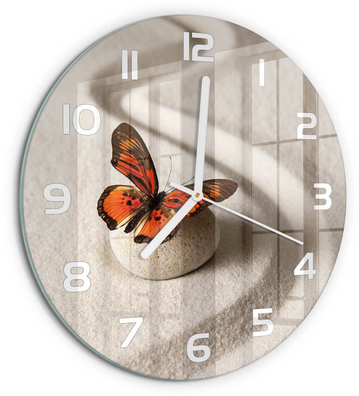 TULUP Wandklok - Zensteen en vlinder Gekleurde Glazen Klok - fi30 cm - Oranje Glazen Klok Met Print - Witte handen - Ronde Klok - Moderne Wandklok Glas - Wandklok Glas Decoratie
