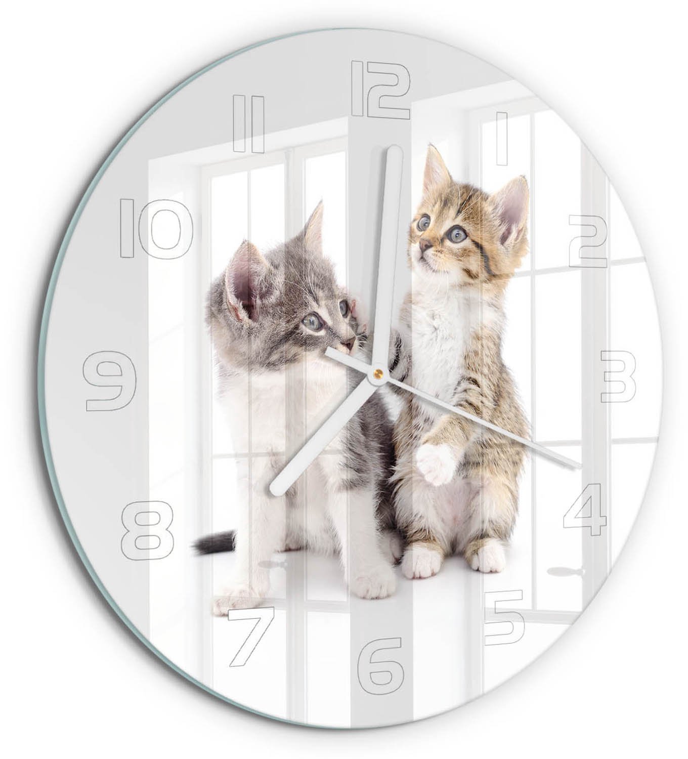 TULUP Wandklok - Twee kleine katjes Glazen Klok Met Print - fi30 cm - Beige Wandklok Glas Met Motief - Witte handen - Ronde Klok - Wandklok Glas Decoratie - Gekleurde Glazen Klok